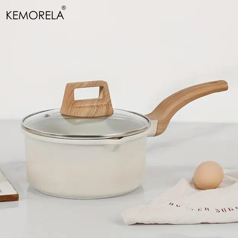 1Count Non-Stick Saucepan Set with Lid - Induction Compatible, PFOA-Free, Easy to Clean, Pour Spout, Light Beige with Wooden Handles, Ideal for Small Kitchen Cooking, Kitchen Essentials|Minimalist Kitchenware|Durable Cookware, Induction Cookware Sets