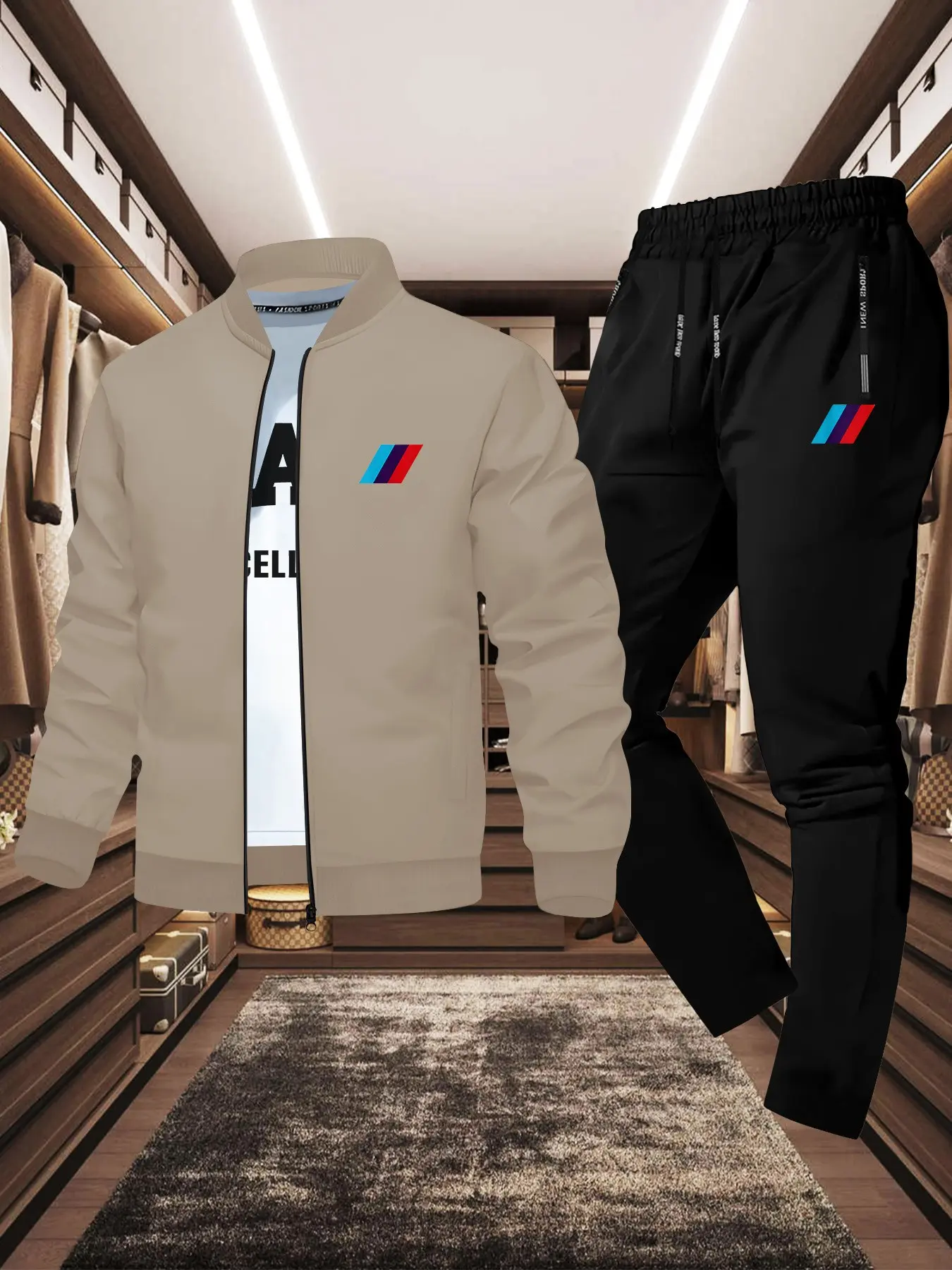 Men's Fitted Jacket and Sport Pants Set, Geometric Print, Zipper Design, Smooth Polyester, Casual Fall Winter Outerwear