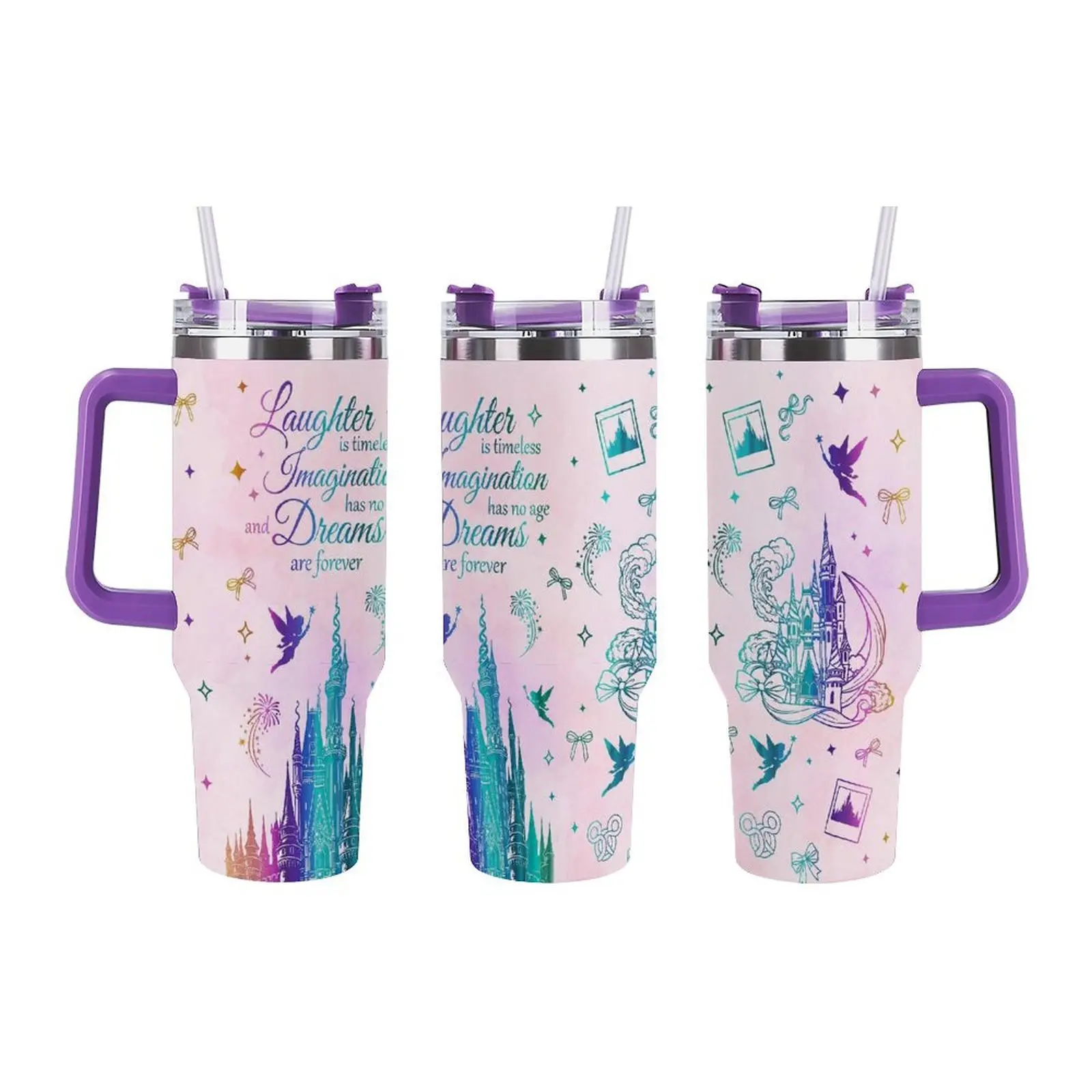 Gradient Magic Castle Fairy Inspirational Quote 20oz 40oz Stainless Steel Insulated Tumbler with Handle and Straw, Double Wall Vacuum Travel Coffee Mug, Laughter Imagination Dreams Print, Fantasy Fairytale Themed Drinkware
