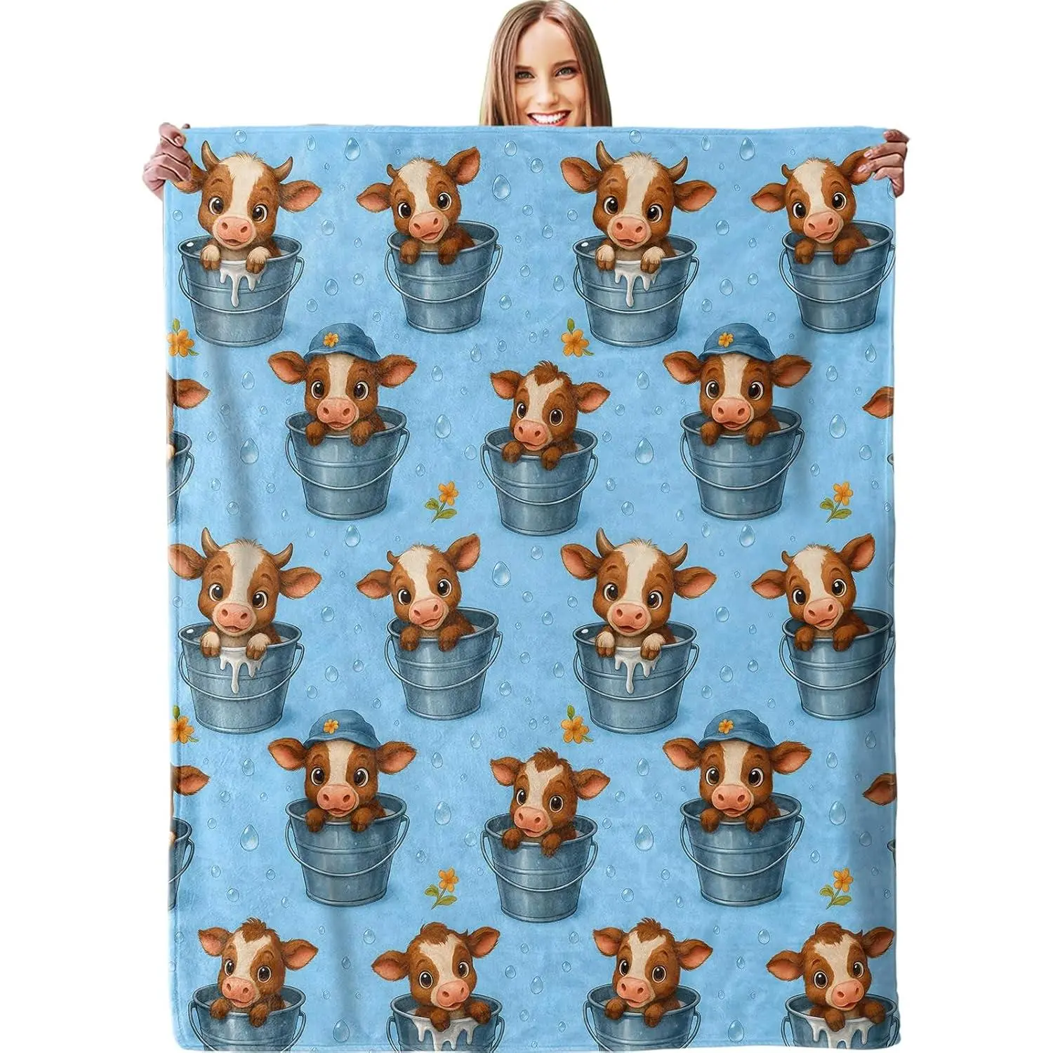 Cute Calf Bucket Blanket, Plush Soft Lightweight Warm Cozy Flannel 60*50 inch Throw Blanket with Adorable Cow Farmhouse Print for Couch, Travel, Bed, Outdoor, Gifts for Boys Girls Women Adults Kids