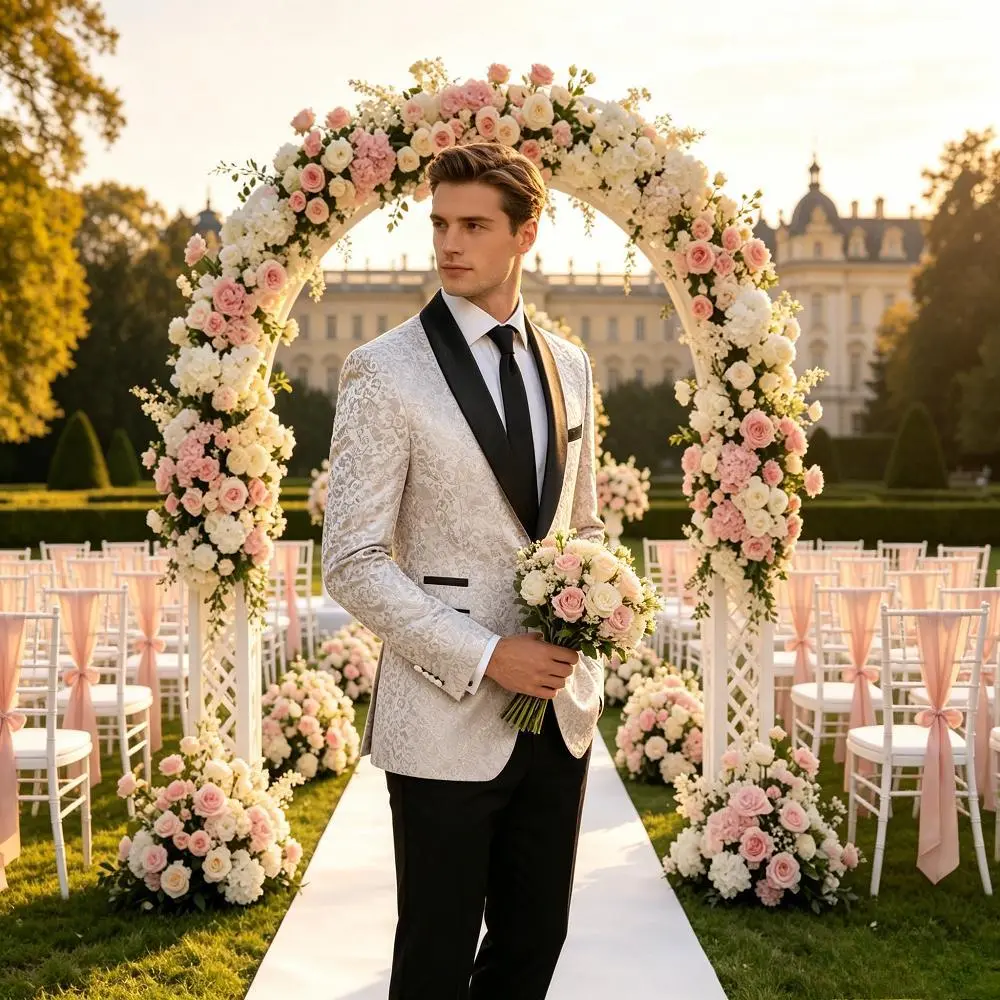 Men's Classic Jacquard Tuxedo Suit with Shawl Lapel, Slim Fit 2-Piece Set with Plain Fabric Pants for Wedding & Prom, Burgundy, Menswear, Polyester, Fitted, Free Tie, Jacquard Weave, Button