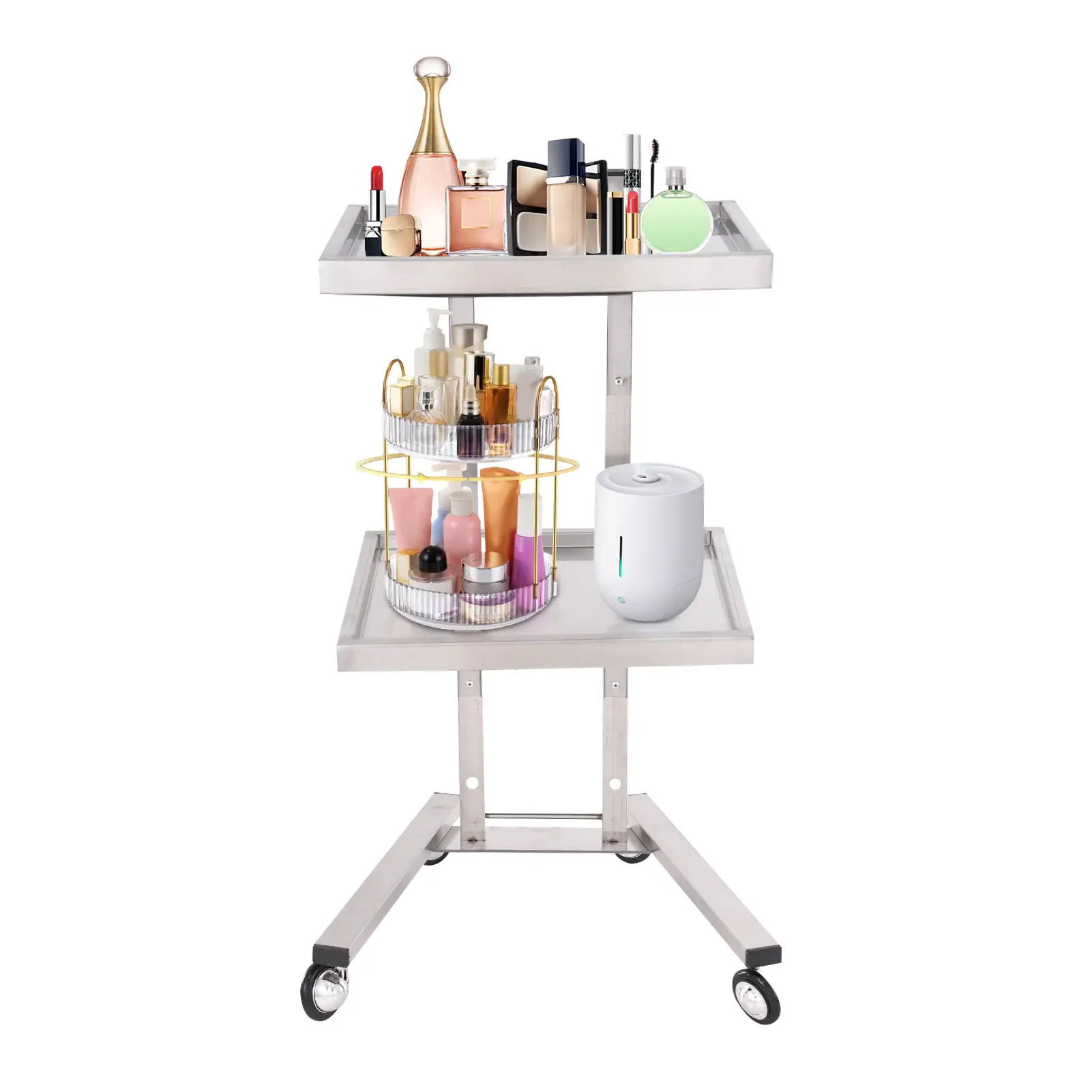 2-Tier Stainless Steel Movable Salon Rolling Cart - Retractable Organiser Racks, Foldable Utility Trolley with Wheels for Kitchen, Home Use