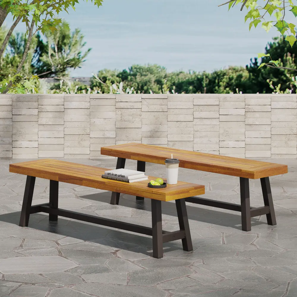 Littleox Outdoor Carlisle Benches, Sandblasted Brown + Rustic Metal (Set of 2)
