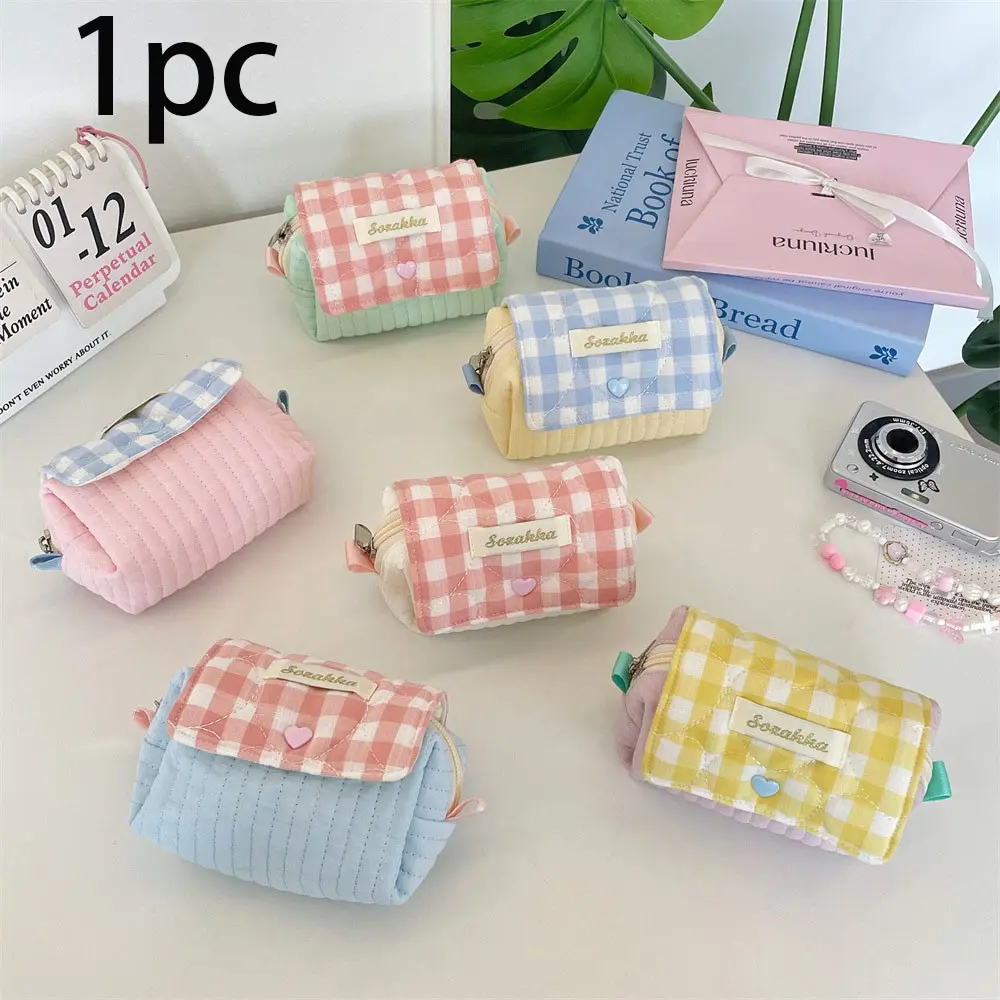 Soft Macaron Plaid Heart Makeup Bag, Ccd Camera Storage Pouch, Portable Mini Zipper Beauty Organizer, Cute Girl Style, Daily Use