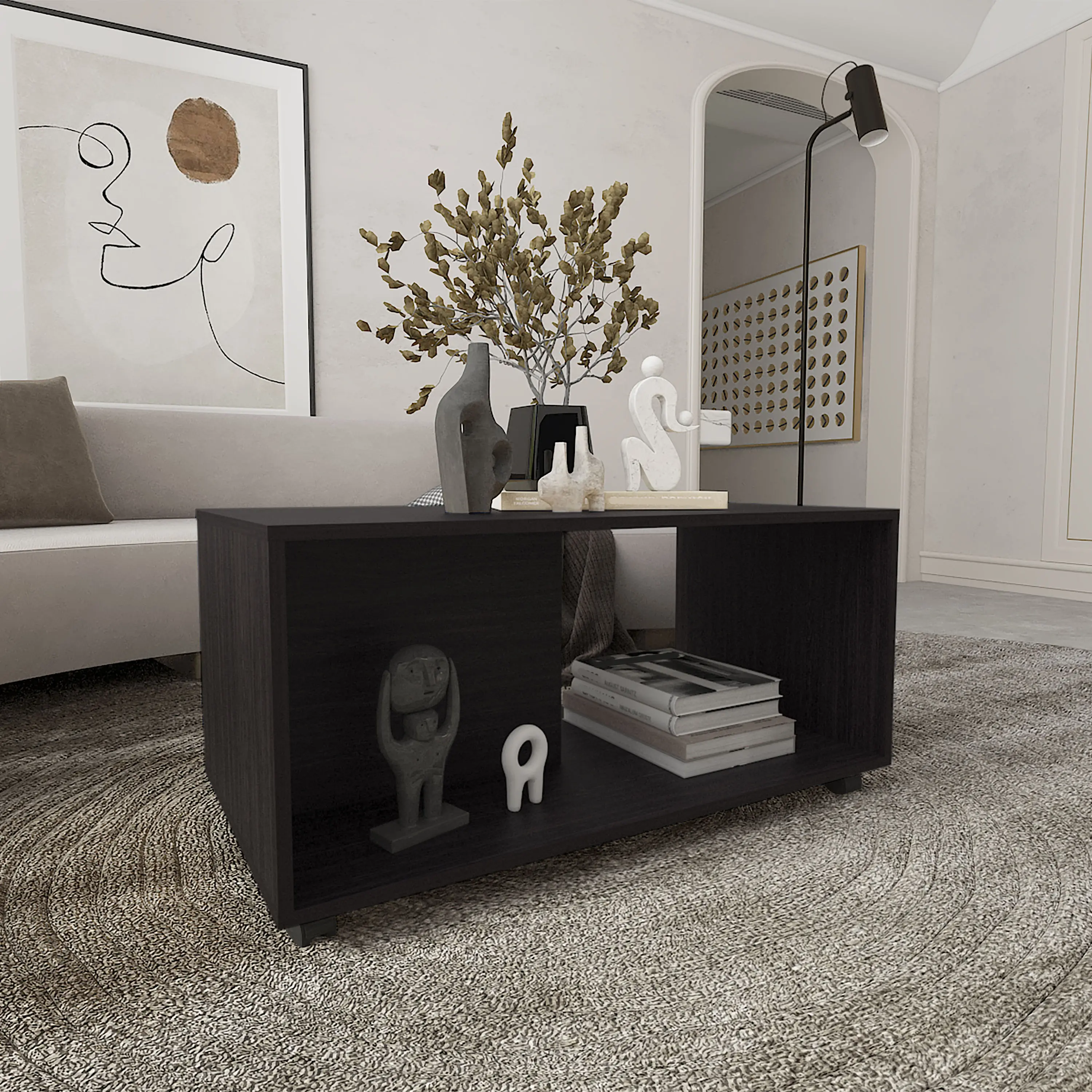 Nokka Mobile Coffee Table with Shelf, Rectangular 36" Living Room Table on Wheels, Black Particle Board, Freestanding Modern Furniture for Primary Living Space