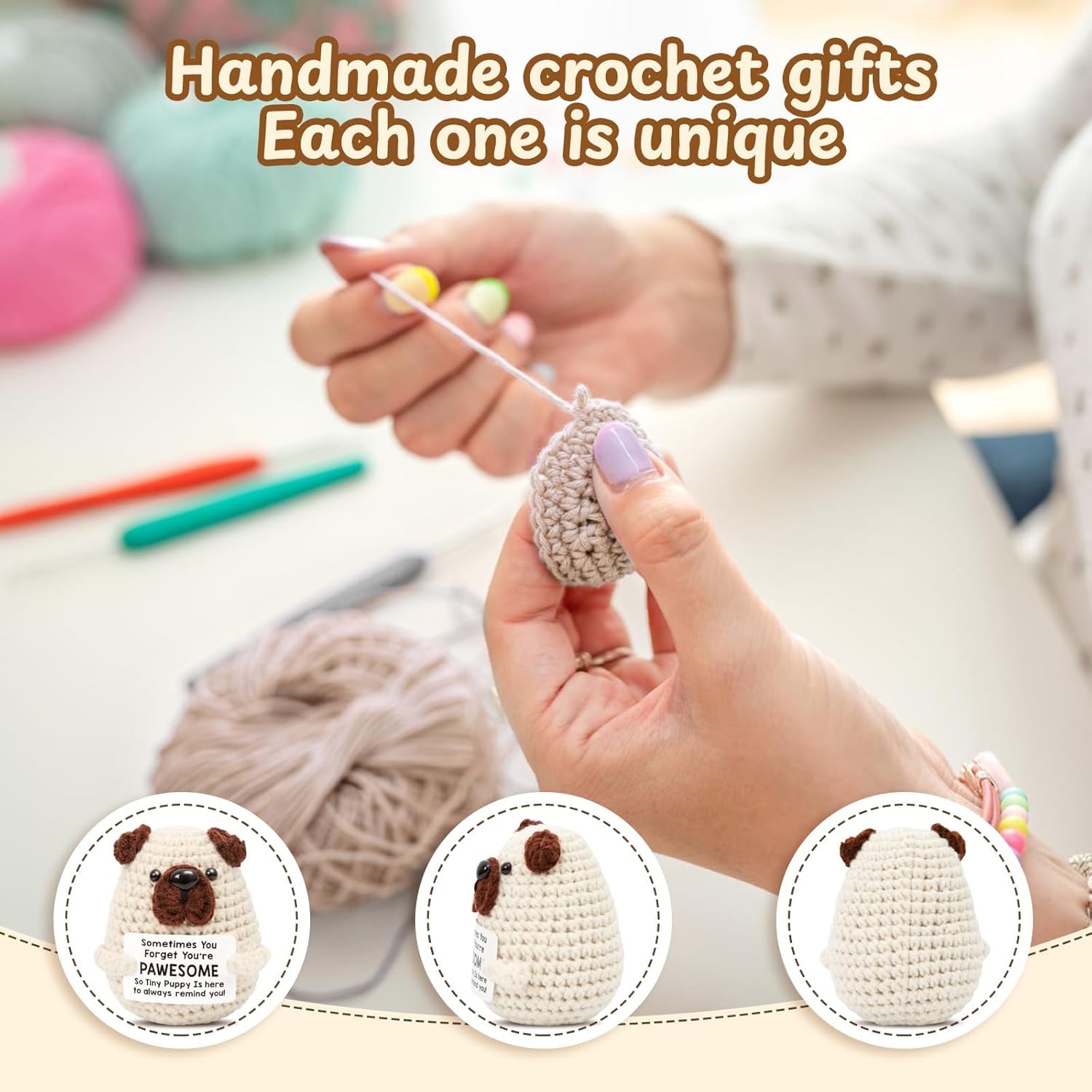 Mini Positive Crochet Dog, Handmade Emotional Support Puppy with Inspirational Message Card, Cute Stuffed Animal for Stress Relief & Encouragement, Heartwarming Gift for Friends Family