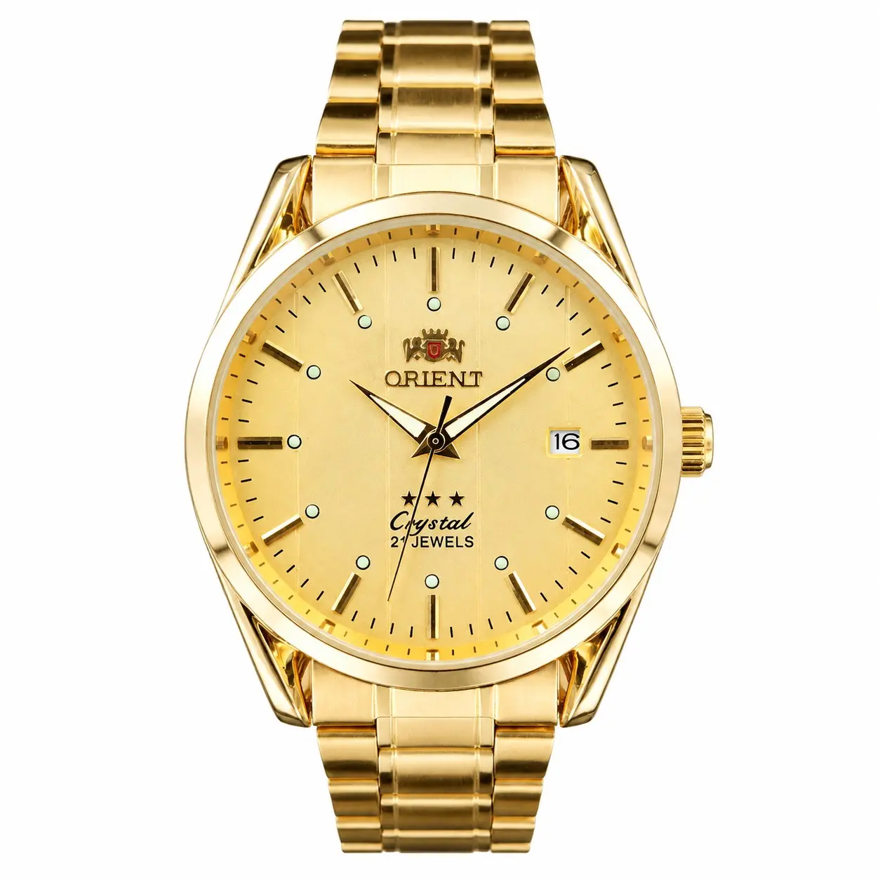Orient 3-Star Crystal 21 Jewels Automatic Mechanical Men's Watch, Gold-Tone Stainless Steel Bracelet, Luminous Marker Dial with Date Display, Business Casual Dress Watch, 4-Color Dial Option, Premium Gift for Father, Husband