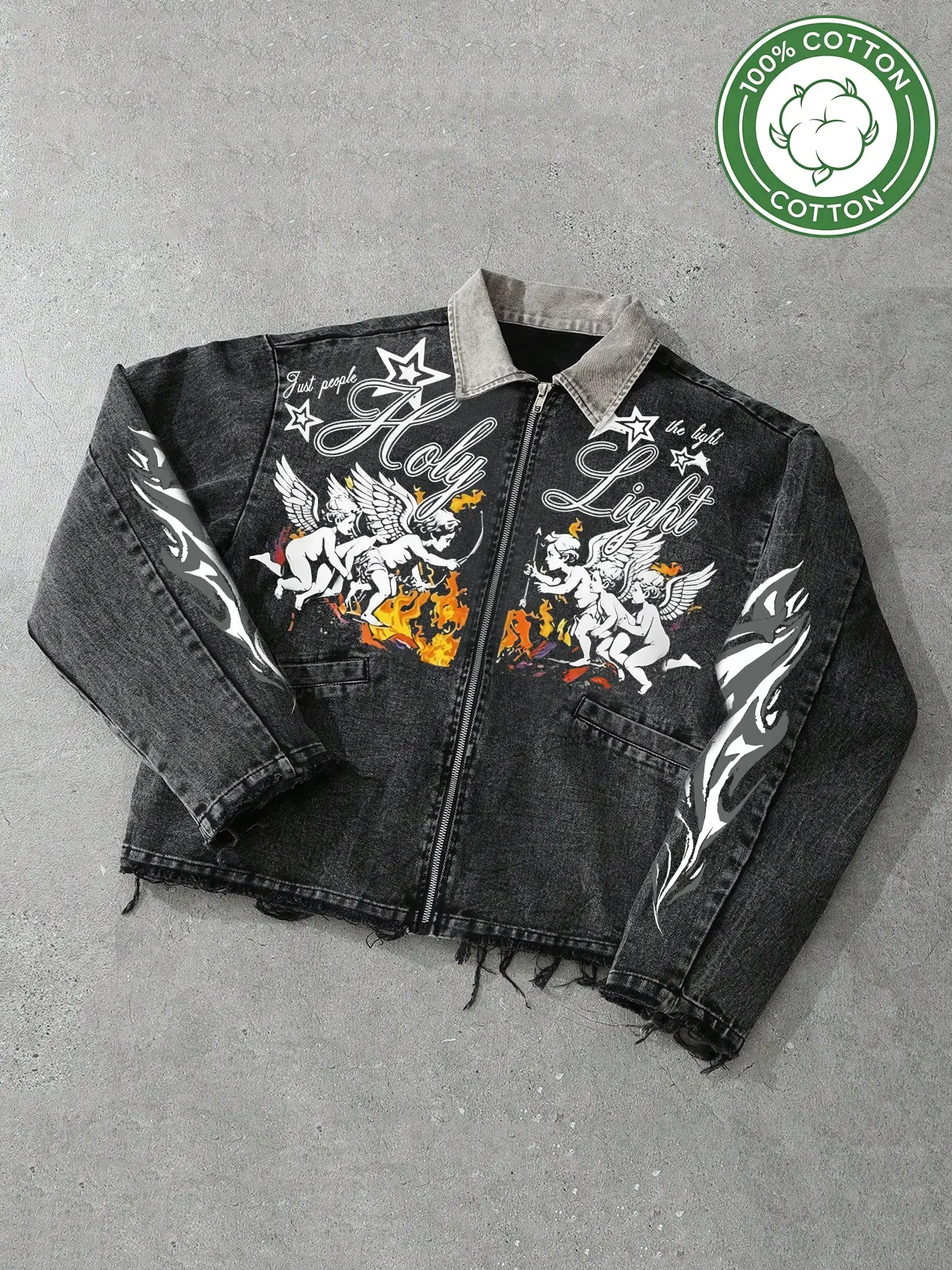 Y2K Men's Vintage Washed Angel Print Denim Jacket, Wrinkle-Resistant, Loose Fit, Casual Long Sleeve, Spring & Fall, Streetwear Style