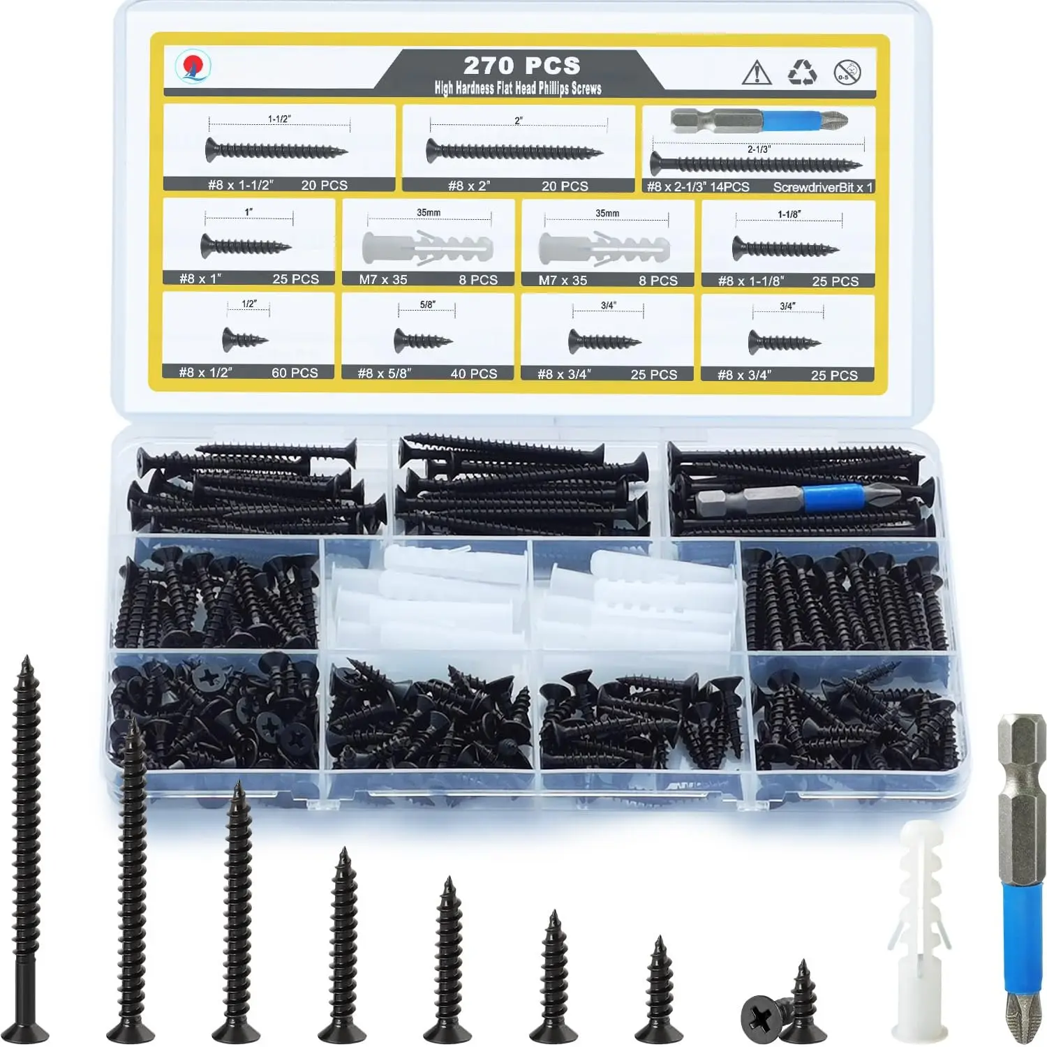 Screws  Kit, 270 count High Hardness Flat  Phillips  Screws Set, Drywall Screws with Anchors, 8 Sizes, Phosphated Black