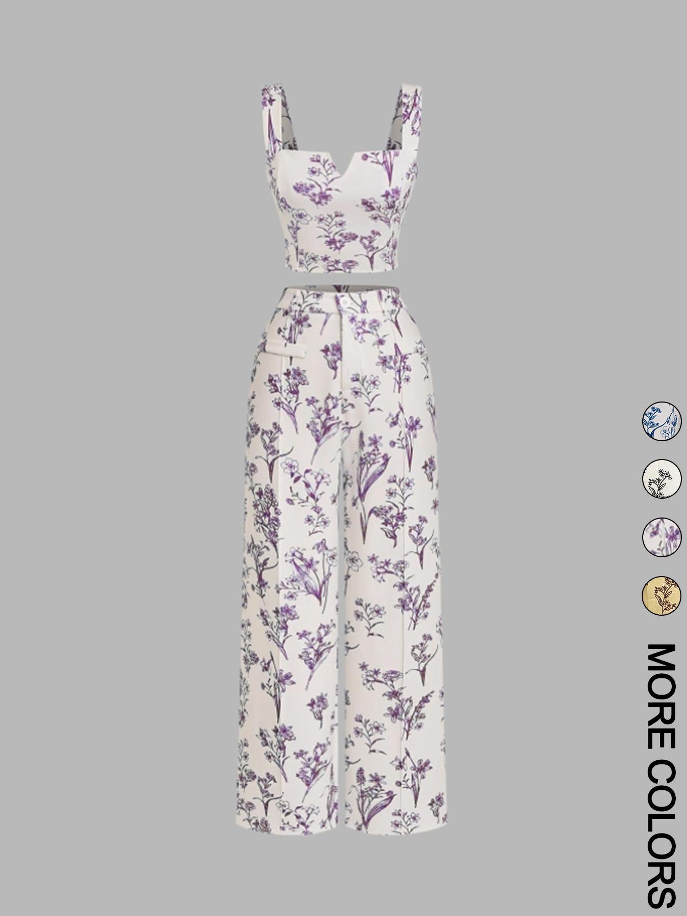 Women's Plants Print Tank Top & Wide Leg Pants Two-piece Set, Casual Sleeveless Top & Pants for Daily Wear, Ladies Summer Clothes