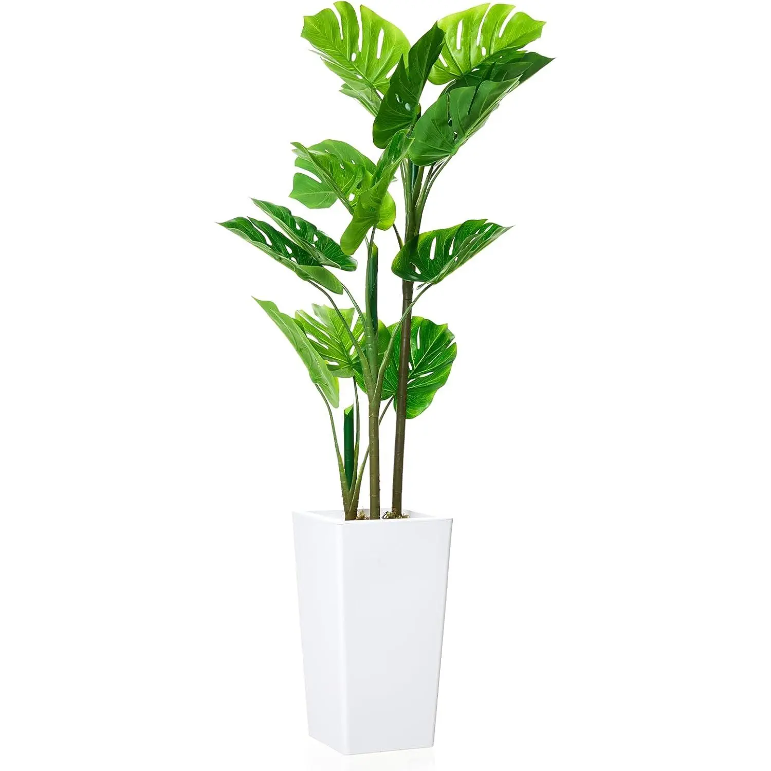 4.4 ft Faux Monstera Tree in White Tall Planter – Artificial Tropical Palm, Evergreen Floor Plant for Living Room, Entryway, Porch & Office