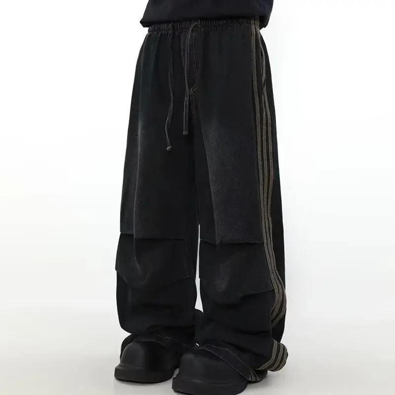 jean printed sweatpants 2025 Fashion Elastic Waist Striped Pleated Baggy Jeans Pants For Men Clothes Washed Black Wide Leg Women Long Trousers