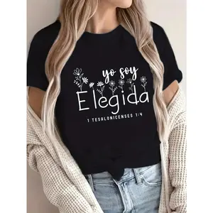 Women's Christian Faith T-Shirt - Spanish Bible Verse Yo Soy Elegida (1 Timothy 29) - Floral & Inspirational Print Round Neck Short Sleeve Top - A-Line Regular Fit Black Shirt For Church, Casual Wear & Women's Empowerment Apparel - All-Season ChriT-Shirt