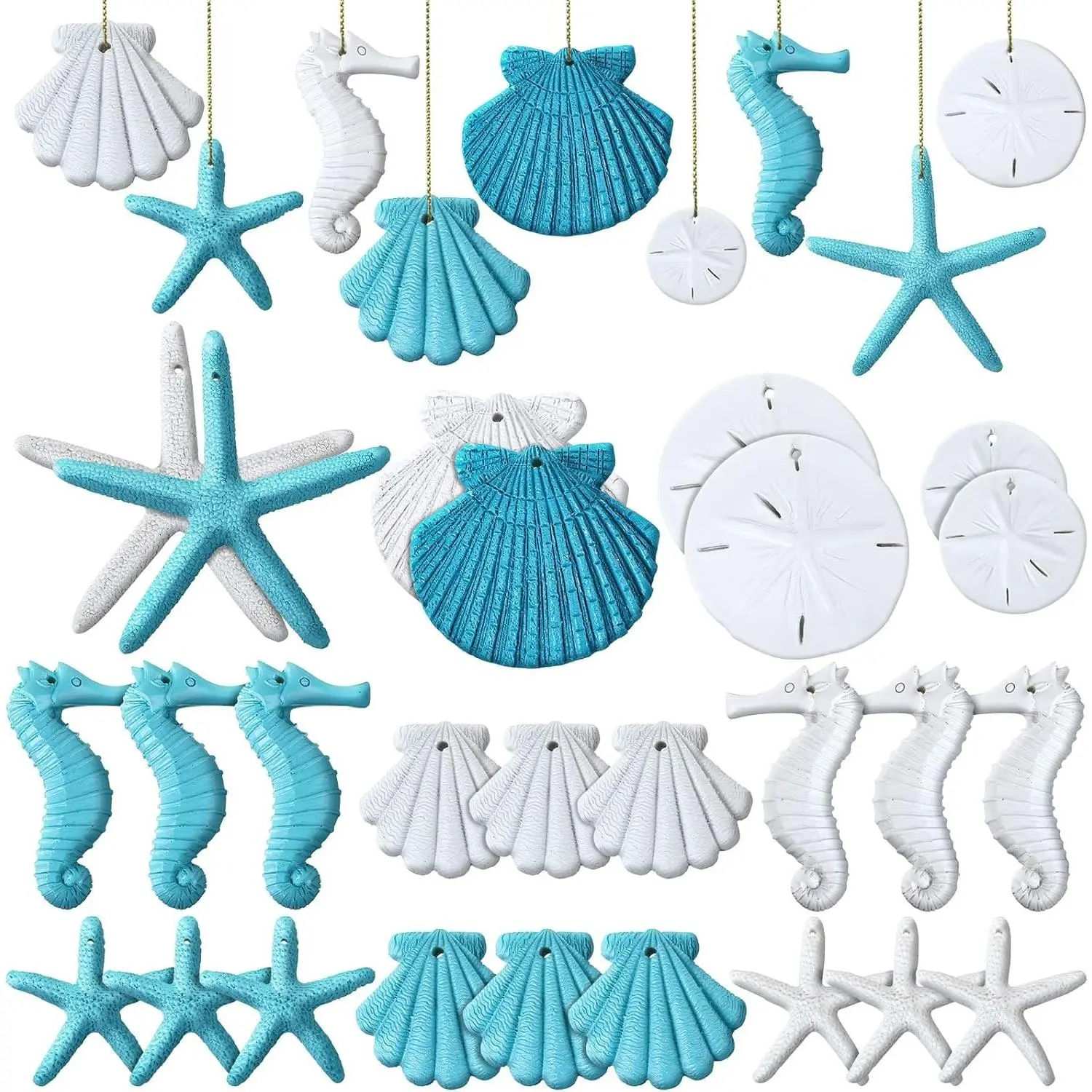 26 Pcs Beach Ocean Themed Summer Ornaments Bulk Resin Starfish Seashell Decorative Nautical Coastal Summer Ornaments for Tree Home Bathroom Decorations