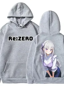 Re:zero Letter Print Emily Back Graphic Hoodie, Anime Casual Loose-Fit Sweatshirt, All-Seasons Pullover, Trendy Streetwear