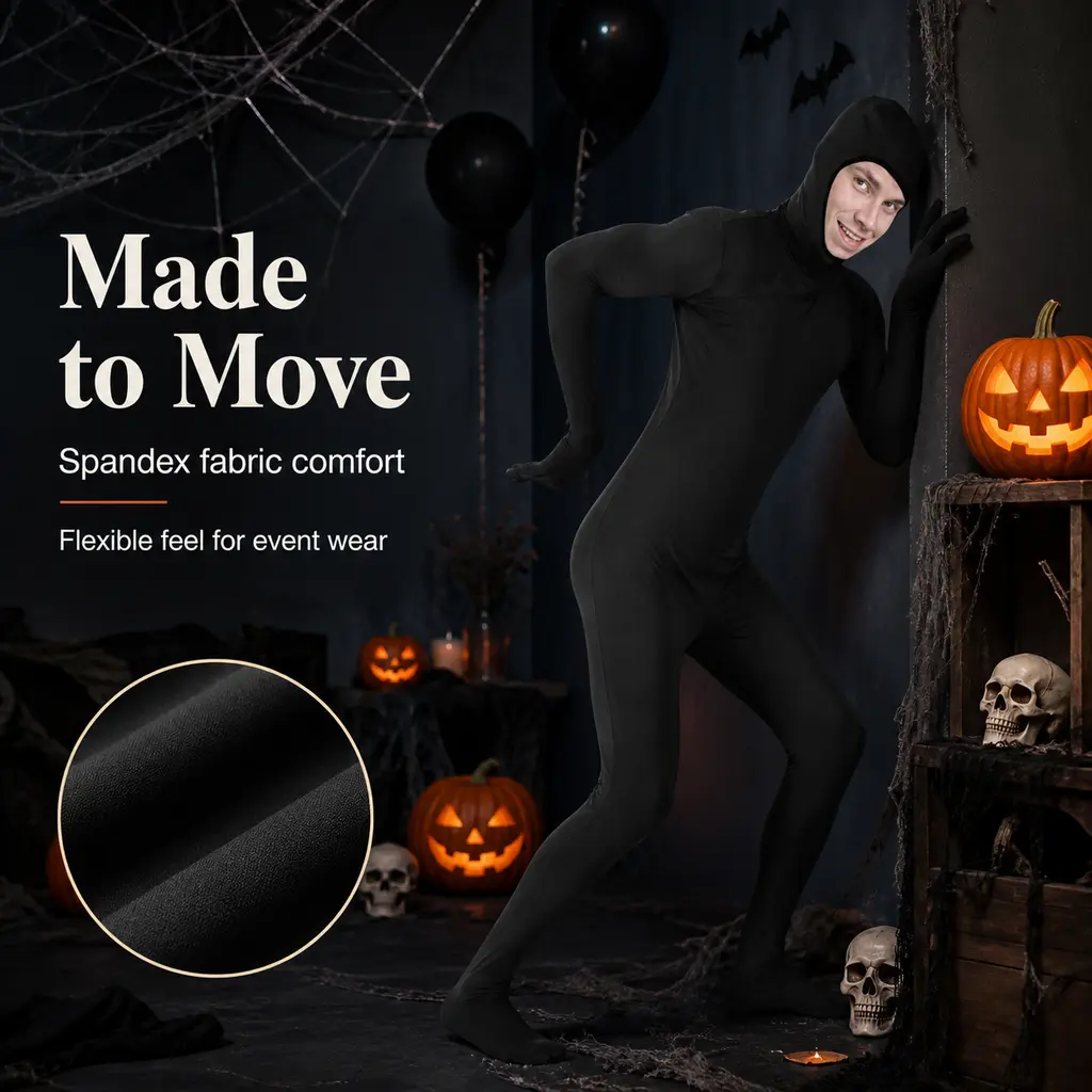Men's Black Hooded Full Body Spandex Zentai Suit, Hand-Ft Integrated Stretch Skin-Tight Jumpsuit, Breathable Full-Coverage Costume for Halloween Invisible Man Cosplay, Themed Parties
