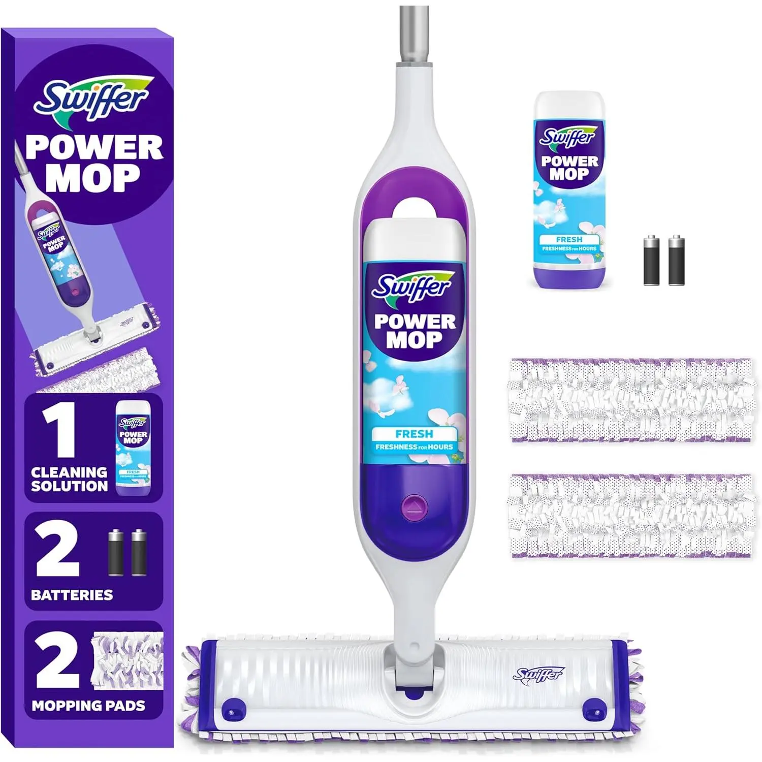 Mopping Kit for Floor Cleaning, Set Includes 1 Power Mop, 2 Replacement Pads, 1 Liquid Solution Refill, 2 Batteries, No Bucket Needed Electric Spray Cleaner, Multi-Surface and Wood