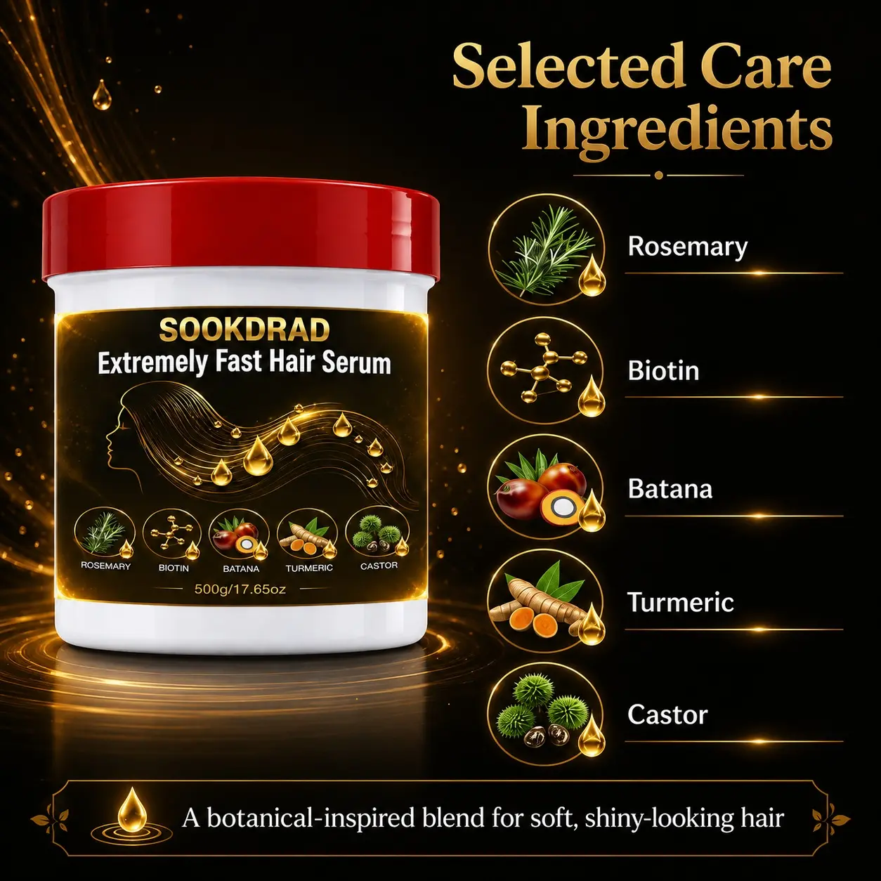 Extremely Fast Hair Serum, Rosemary, Biotin, Batana, Turmeric, Castor, Nourish Hair, Strengthen Hair, All Hair Types, 500g/17.65oz