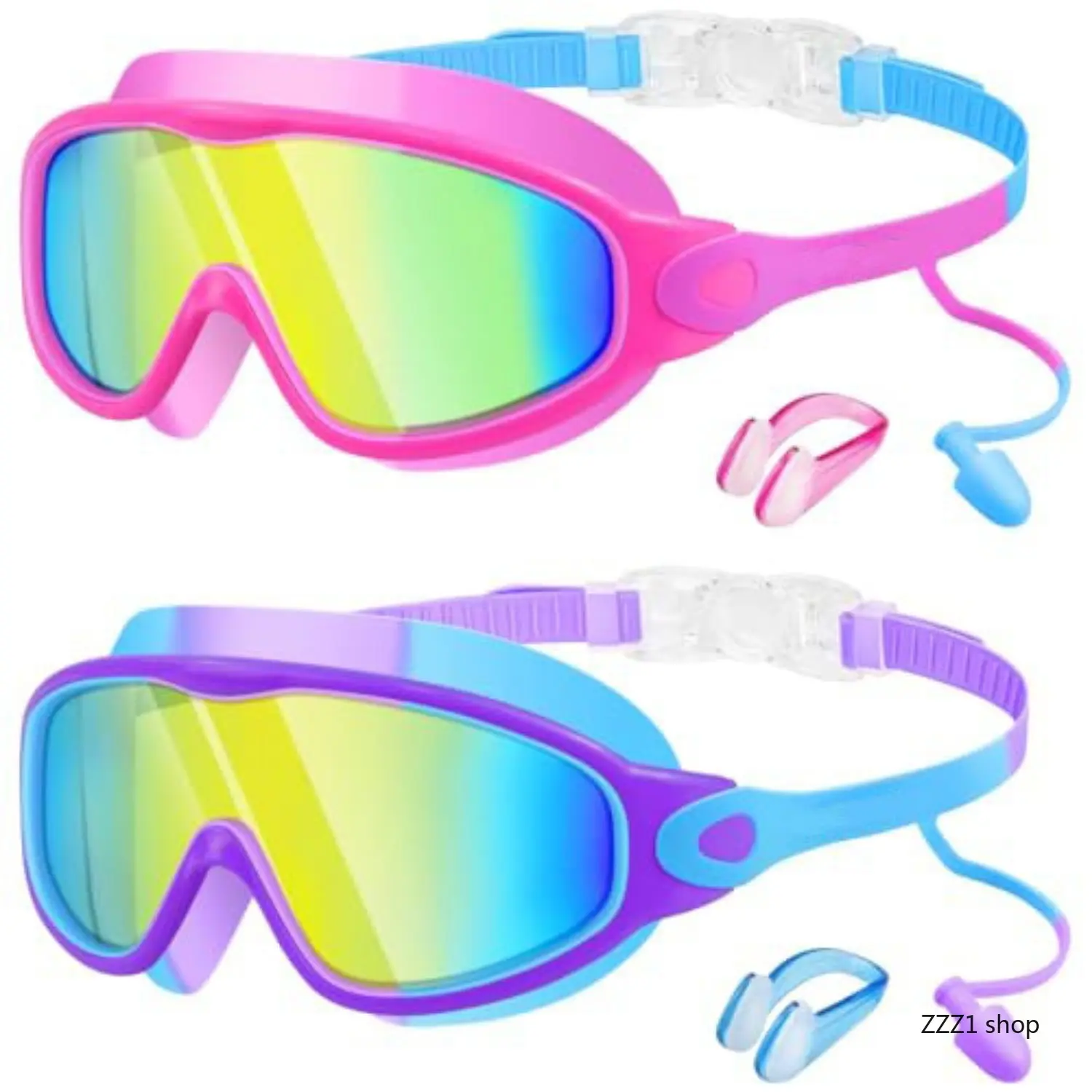Kids' 2-Pack Adjustable Swim Goggles with Nose Cover & Earplugs, High-Definition Anti-Fog UV-Protective Leak-Proof Waterproof Sporty Swimming Glasses for 3-15 Boys & Girls, Beach/Pool Use