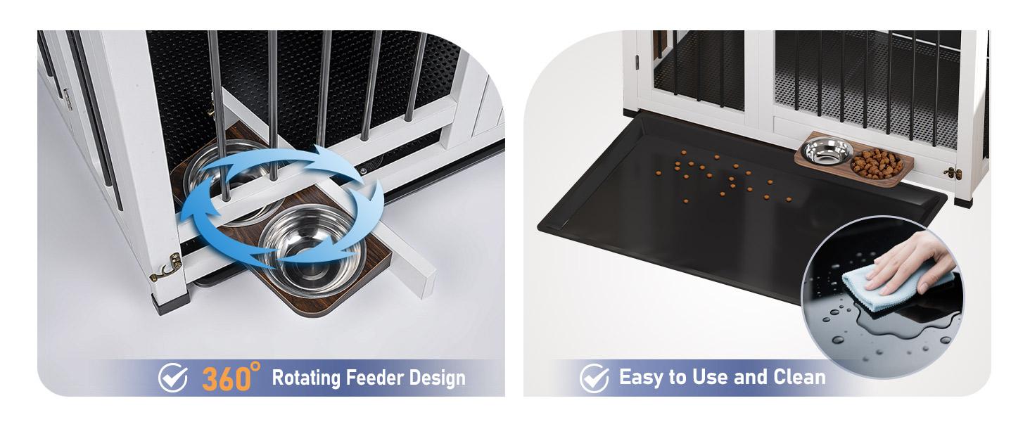 31.5" Wooden Dog Crate Furniture - Foldable Indoor Kennel with 360 °   Rotating Feeder |   Multi-Functional End Table for Small & Medium Dogs |   Portable Pet Cage with Removable Tray & Easy Assembly