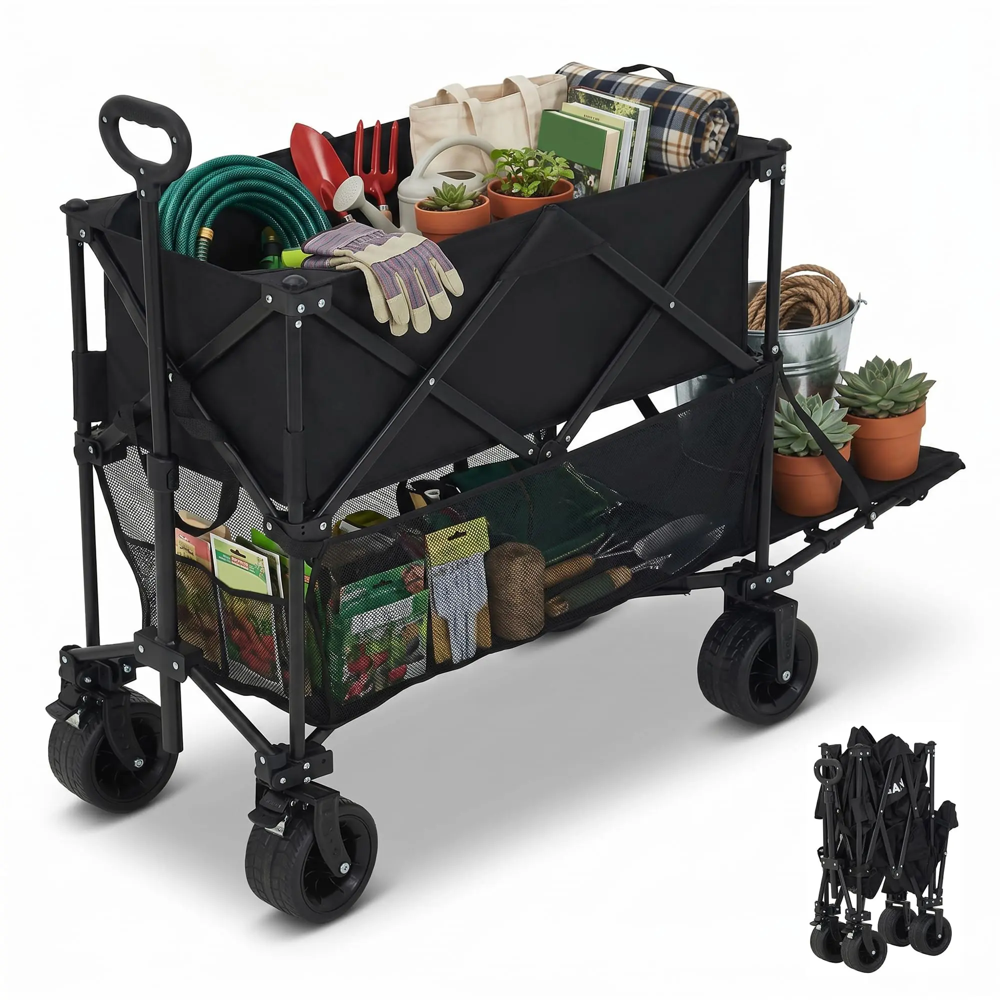 Collapsible Wagon Cart, 2 Tier Heavy Duty Garden Cart with 2 Cup Holders, Folding Utility Wagon for Camping Sports Shopping Outdoor, Max 220lb Load & Expandable Storage 120L