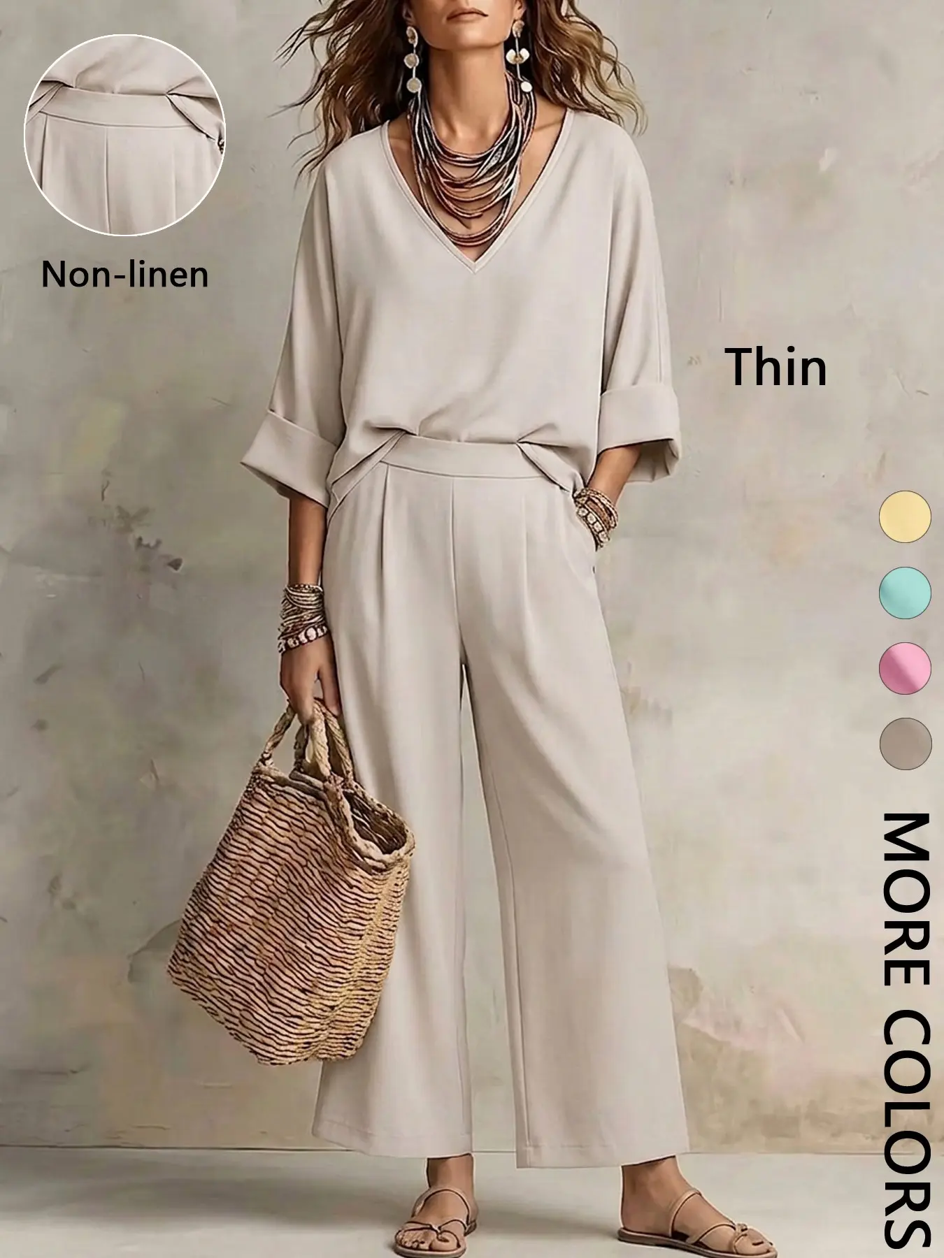Women's Two-Piece Palazzo Set, Deep V-Neck Rolled Sleeve Loose Top + High-Waisted Wide Leg Pants, Casual Chic Spring & Fall, Plain Design
