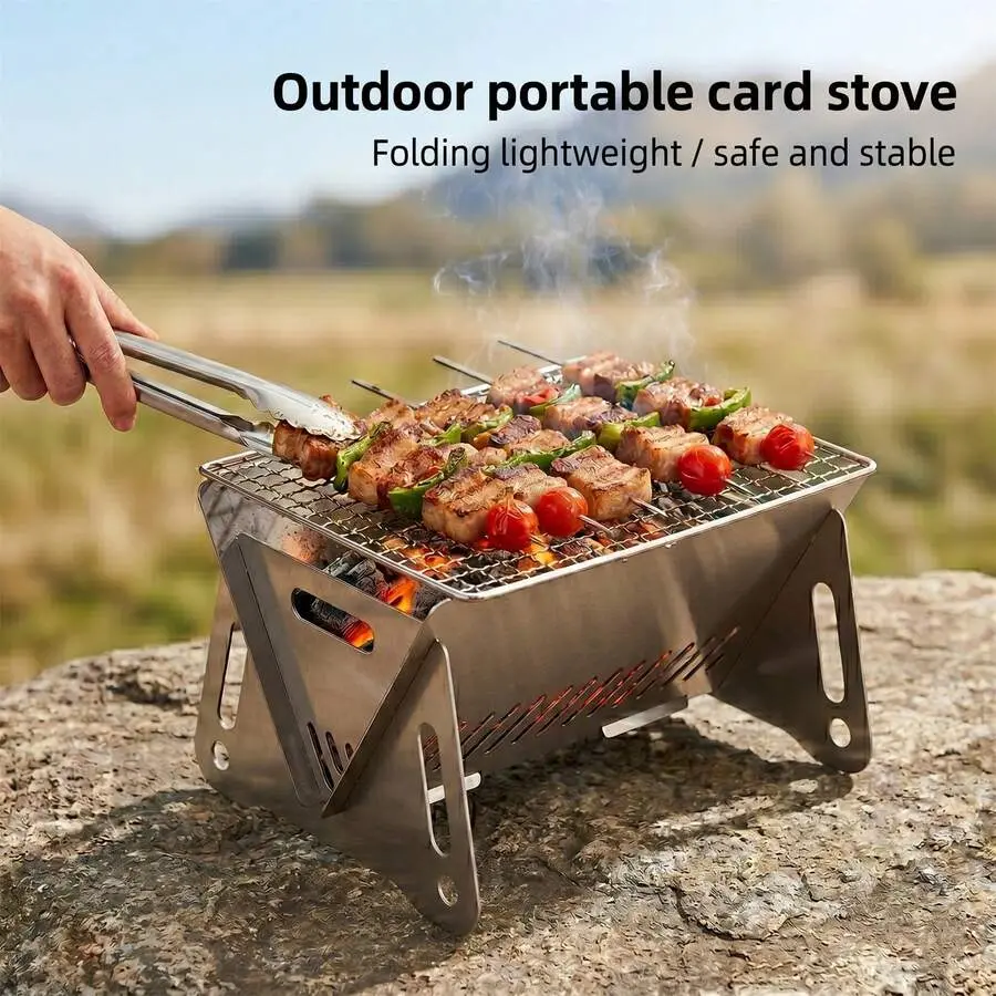 1 Portable Folding Campfire Stove - Durable Stainless Steel Outdoor Grill, Fire Pit, And Camping Stove - Lightweight Foldable Design, Easy To Assemble And Disassemble, Suitable Camping, Backyard Picnics, Tailgate Parties - Compatible With Teapots And Cook