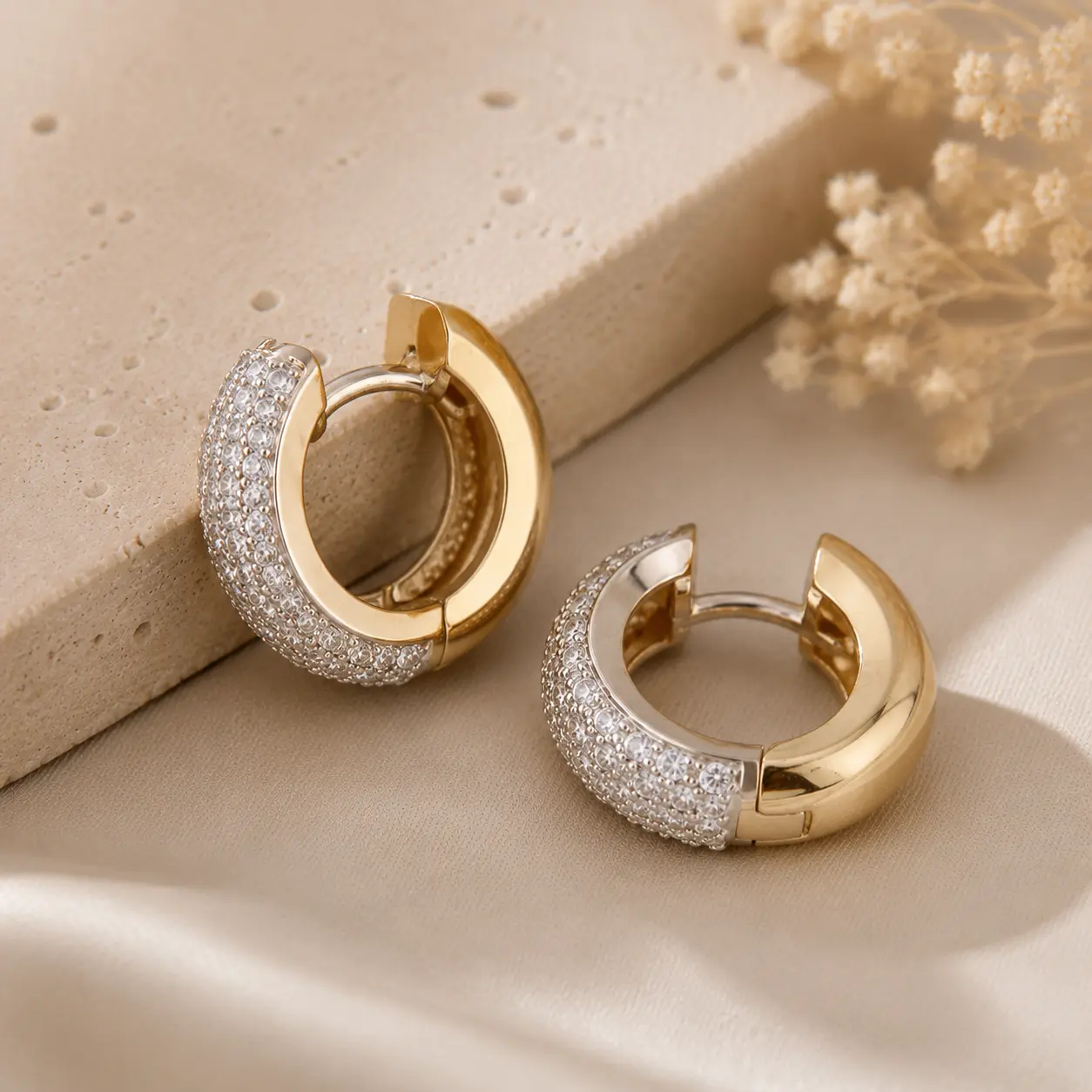 Women's Chunky Half-Paved Cubic Zirconia Huggie Hoop Earrings, Gold-Tone Lightweight Statement Look Jewelry for Daily Wear, Sparkle Costume Accessory