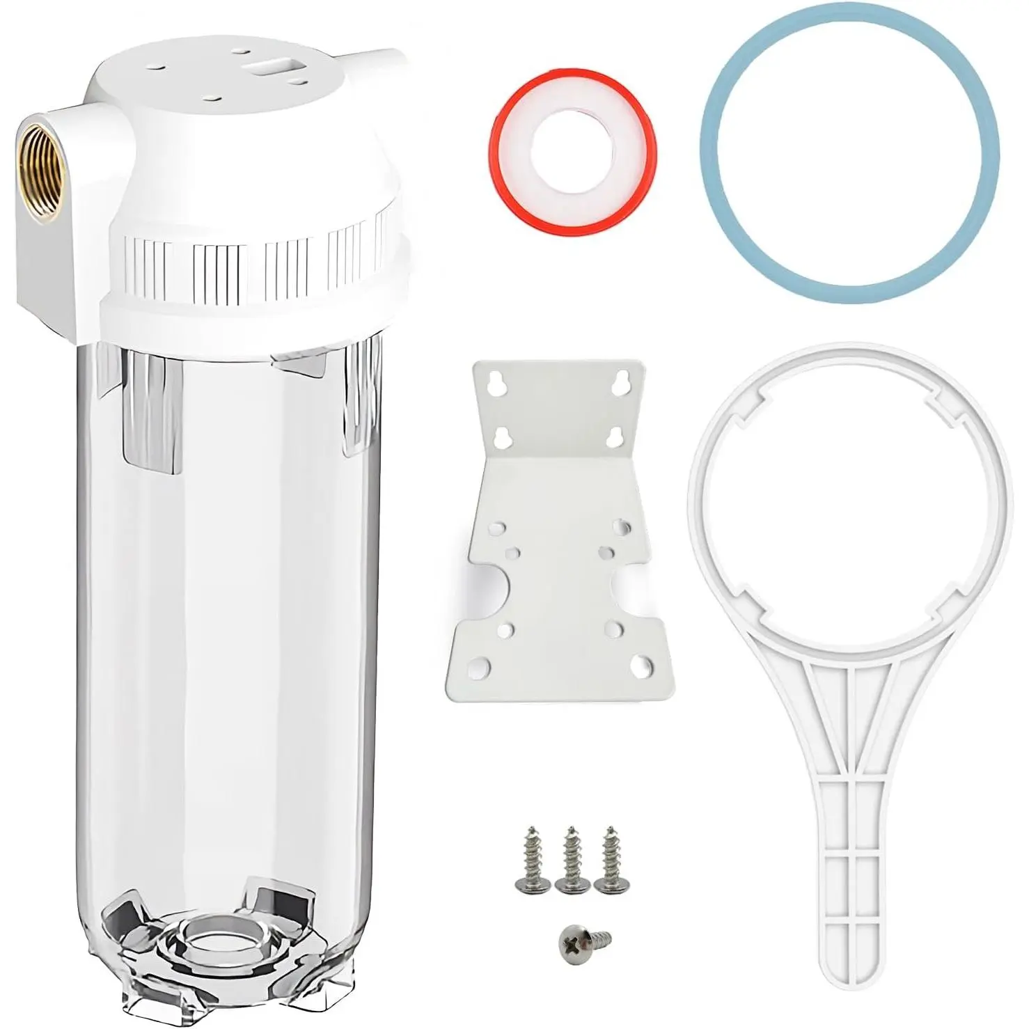 Single Unit Whole House/RV Water Filter Housing, 10"x2.5" Standard Size, 3/4" Brass Port, R-Type O-Ring, Heavy-Duty Bracket, Leak-Proof Seal, Reinforced PP, Transparent View for Home, Garden Use