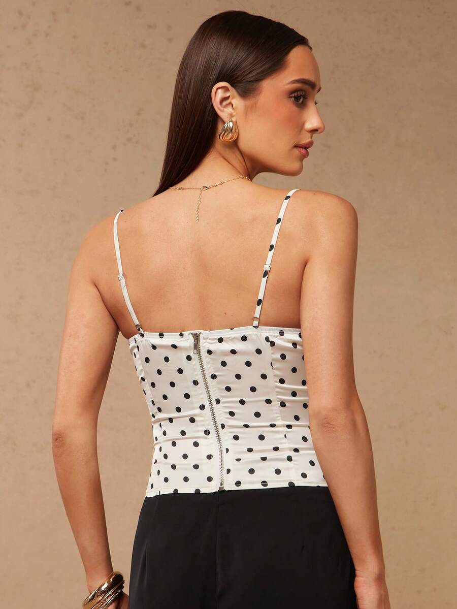 Elegant Polka Dot Lace-Trimmed Corset Camisole for Women, Slim Fitted Strap Top with Contrast Color Design, Trendy Casual Style for Spring Summer, Suitable for Shopping, Travel and Small Parties