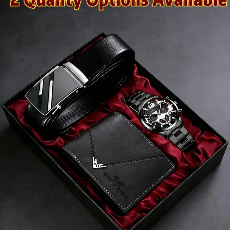 Men's Fashion Quartz Watch Accessory Set with Wallet and Belt, High-End Gift Box Included, Men's Accessories, Perfect for Business Casual Daily Wear