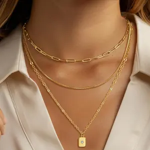 3 Piece Trendy Grid Paperclip Box Chain Necklace Set, Trendy Jewelry, Minimalist Rectangle Pendant with Sparkling Star Artificial Zircon