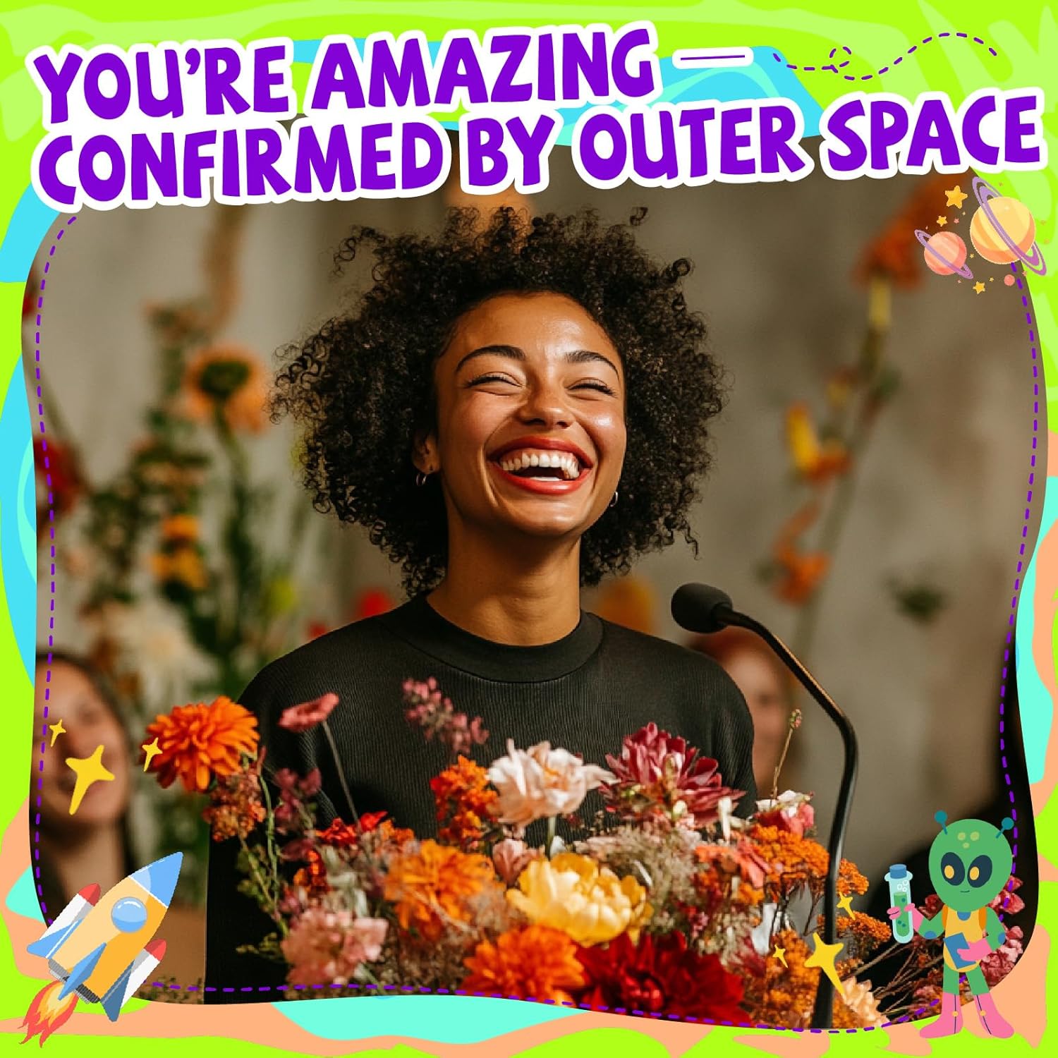 Positive Alien Crochet Plush with Inspirational "You're Out-of-This-World Amazing" Message Card, Handmade Emotional Support Desk Decor, Funny Motivational Gift for Teens Friends Coworkers, Ideal for Valentines, Easter Basket Stuffers, Birthday & Graduatio