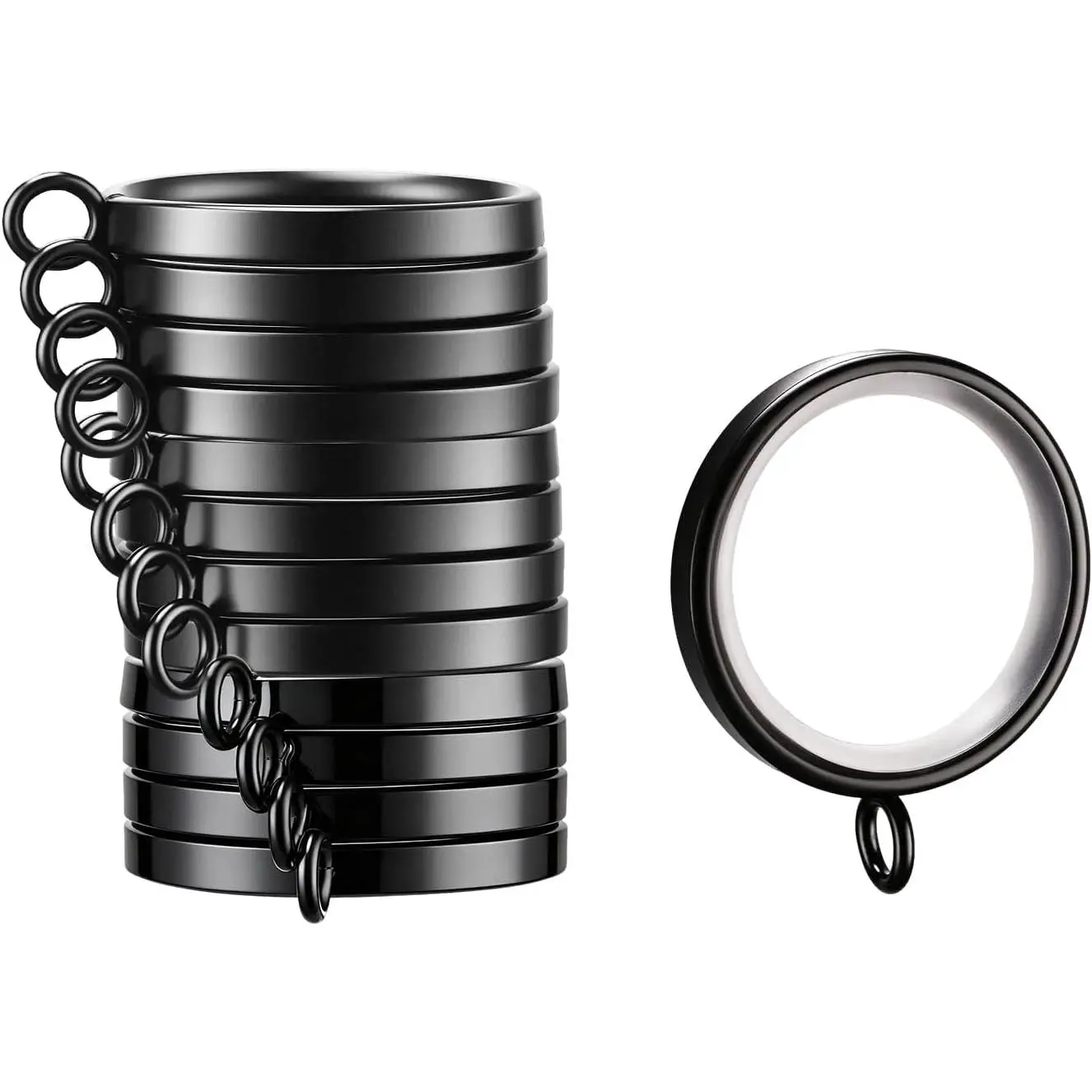 Quiet Curtain Rings with Clips, 1-5/8 Inch, Matte Black, 14 count | Quiet, Plastic Inserts, With Clips, Metal Drapery Ring for Curtain Rods