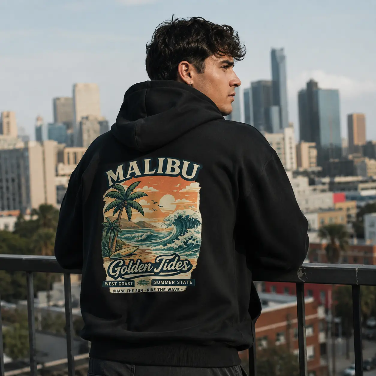 Malibu Golden Tides Graphic Hoodie, Vintage Beach Sunset Print Pullover Sweatshirt, Coastal Surf Inspired Streetwear Hoodie, Retro California Summer Style Unisex Hoodie for Men