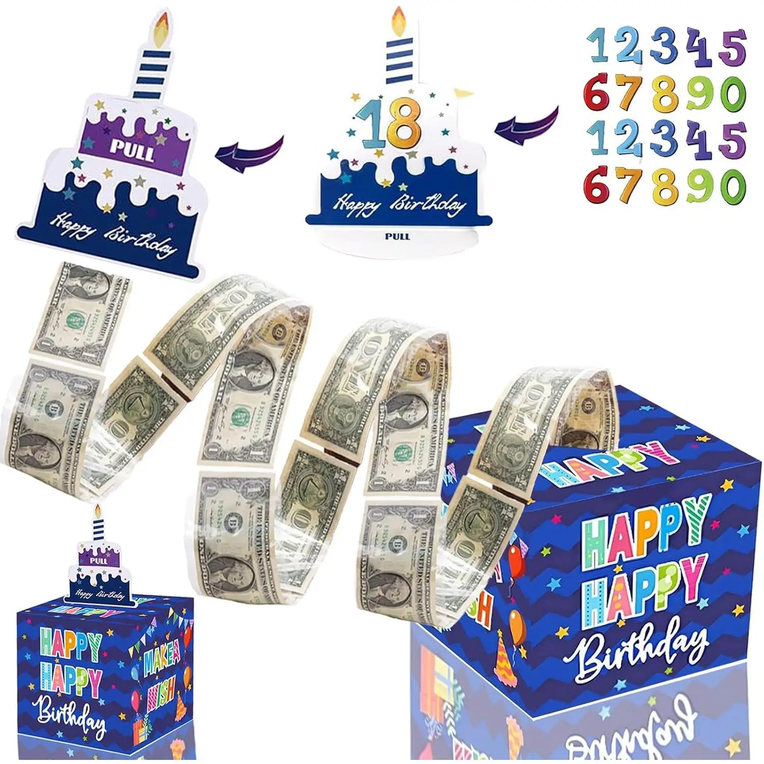Birthday Money Pull Box, DIY Cash Surprise Gift Box Kit with Transparent Pouch & Dot Glue, Sturdy Cardboard Money Roll Gift Set for Birthday Party Surprise