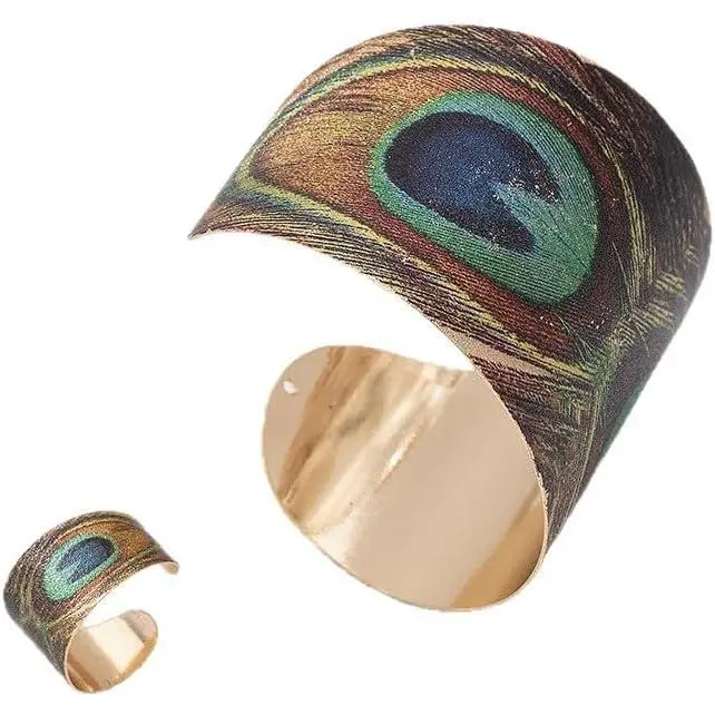Peacock Tail  Wide Cuff Bangle Bracelet Finger Ring   Set Chunky Fashion Boho Frosted  Adjustable Open Knuckle Band Rings Statement Gifts for Women Mom