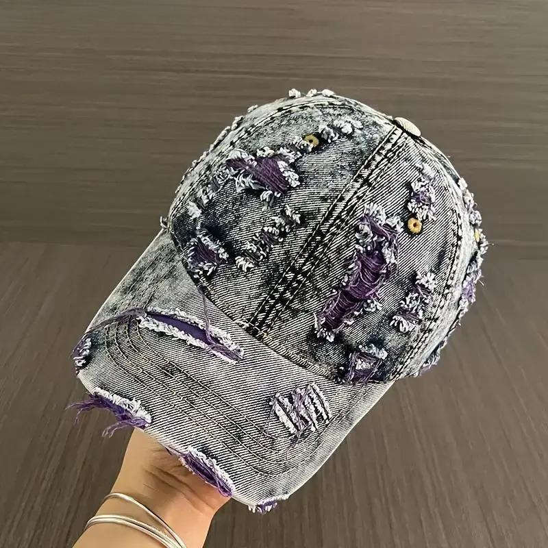 Retro Washed Ripped Denim Baseball Cap – Men’s Outdoor Sun Protection Essential, Trendy Casual Hat for Daily Commute & Hiking Trips