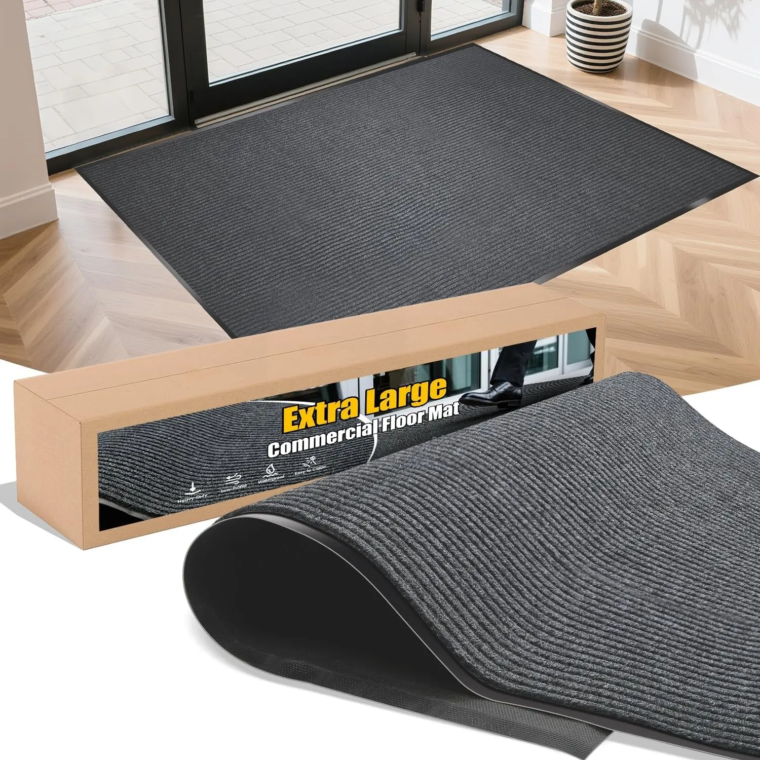 Extra Large Indoor/Outdoor Entrance Mat - 4 x 5 Feet, Rubber Border Door Mat Heavy Duty, Waterproof, Low-Profile, Easy to Clean, Rubber Entry Mat, Commercial Floor Mat, Charcoal GreyGift.