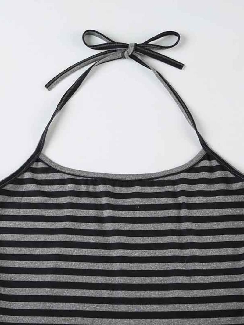 Women's Striped Print Halter Neck Tie Back Top & Shorts Two-piece Set, Casual Fashion Cozy Breathable Two Piece Outfits for Daily Wear, Ladies Clothes for All Seasons