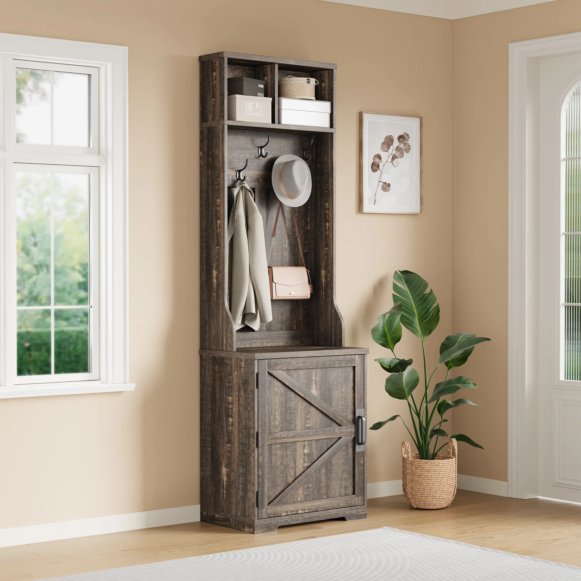 🏡 Farmhouse 3-in-1 Hall Tree with Bench & Shoe Cabinet – Slim Entryway Organizer with Coat Hooks, Sliding Barn Door, Space-Saving for Narrow Hallways & Mudrooms! ✨