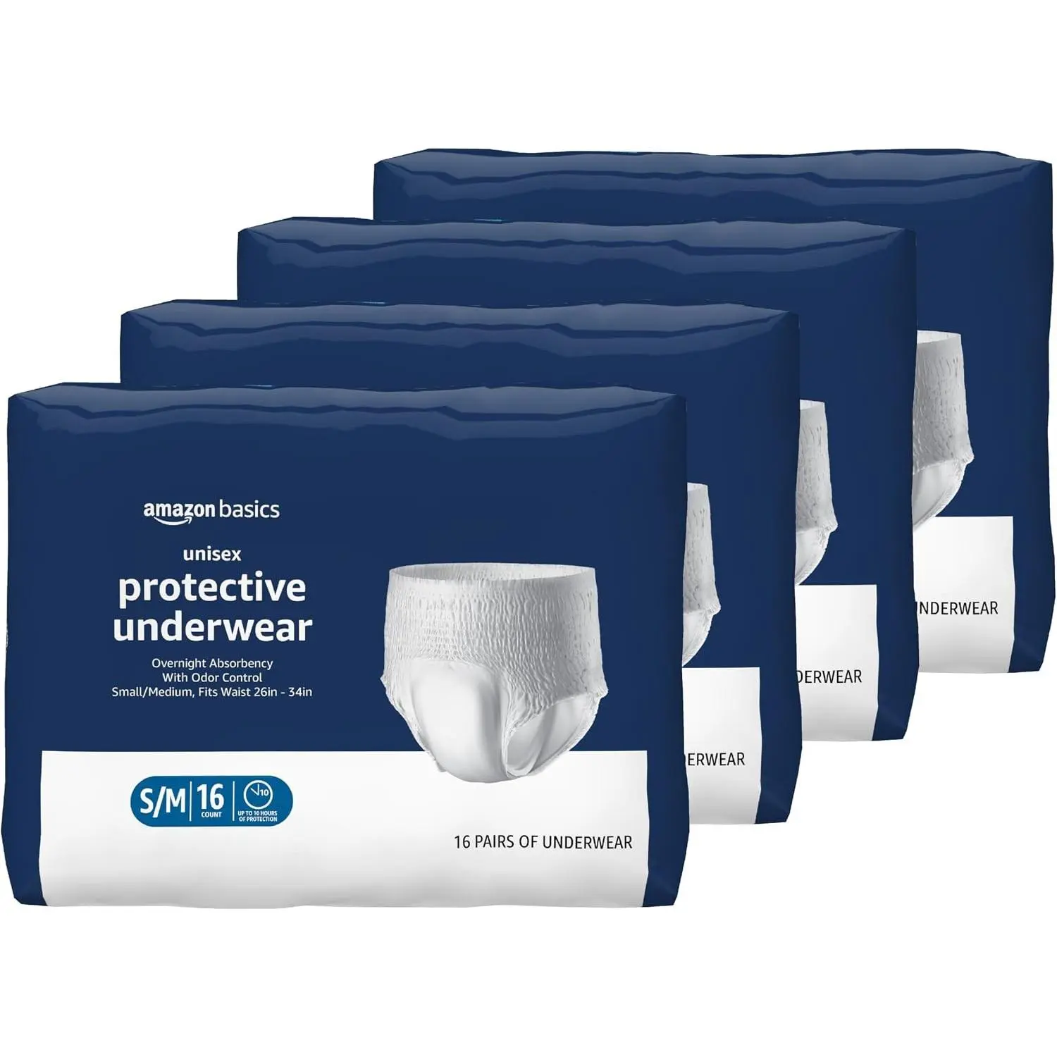 Amazon Basics Unisex Protective Overnight Incontinence Underwear with Odor Protection, Small/Medium, 64 Count (4 Packs of 16)