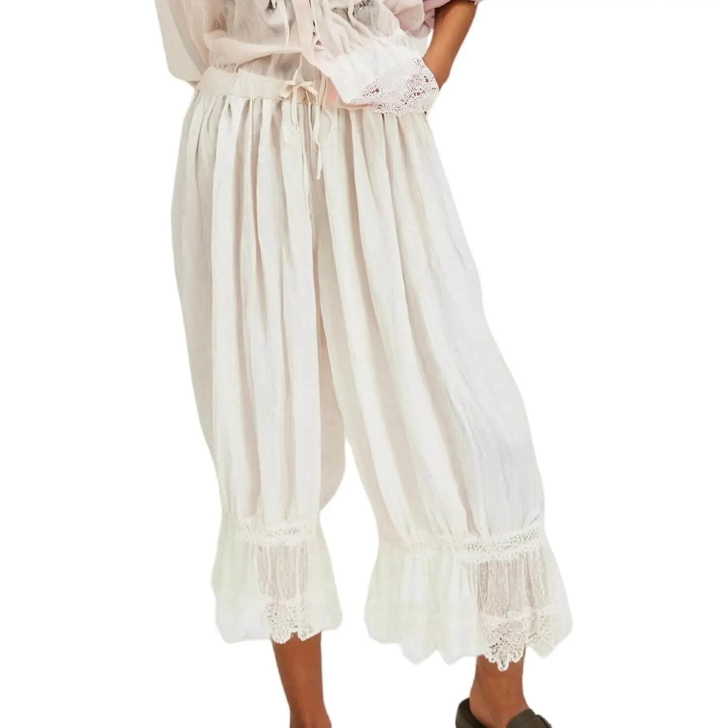 Women Lace Trim Long Bloomers Elastic Mid Rise Ruffle Pantaloons Cropped Flared Slips Pants Pajama BottomsGift