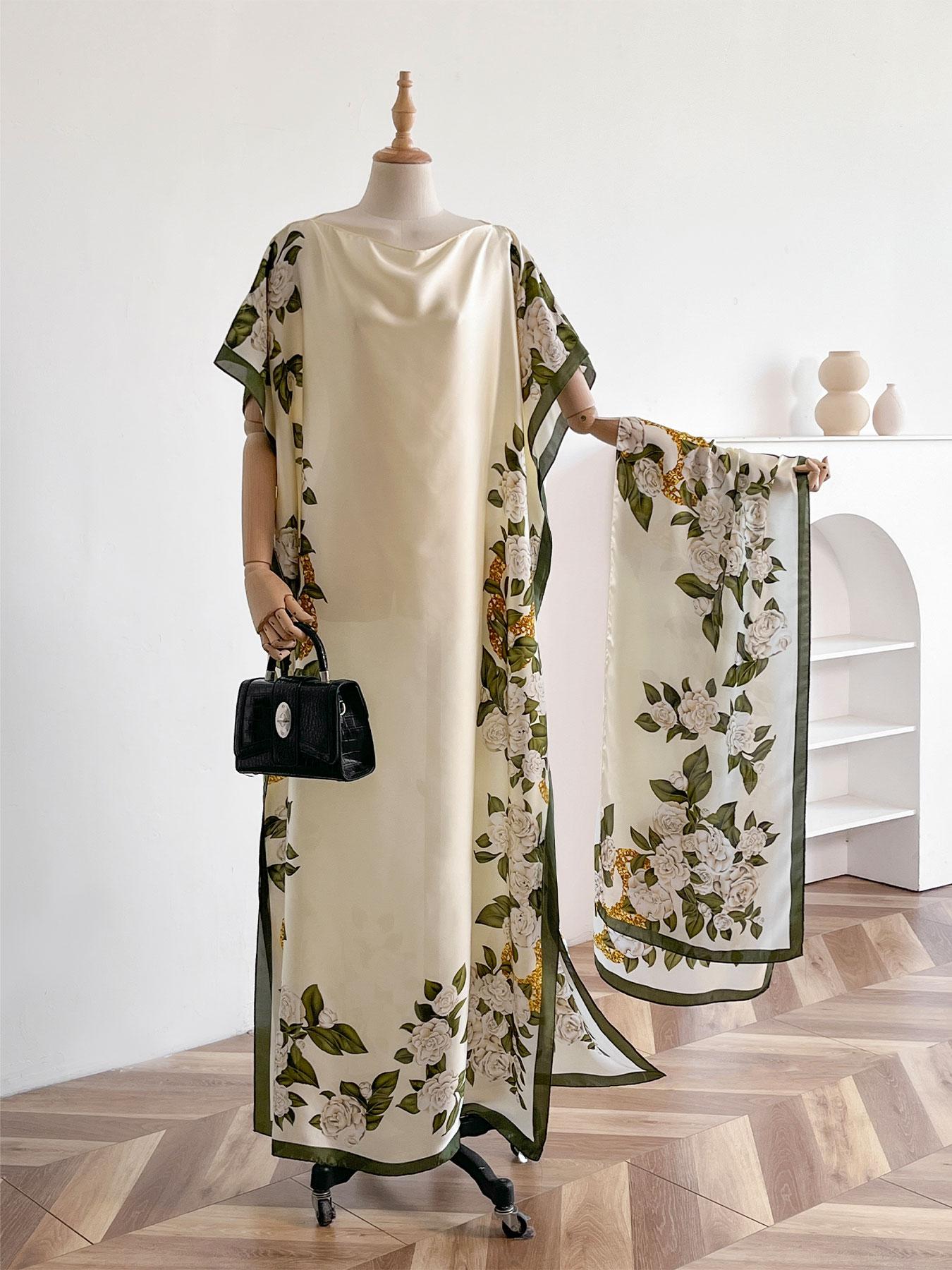 Women's Floral Print Long Dress & Scarf Set, Boho Casual Shawl Dress & Scarf Set for Beach Vacation Holiday, Ladies Clothes for All Seasons