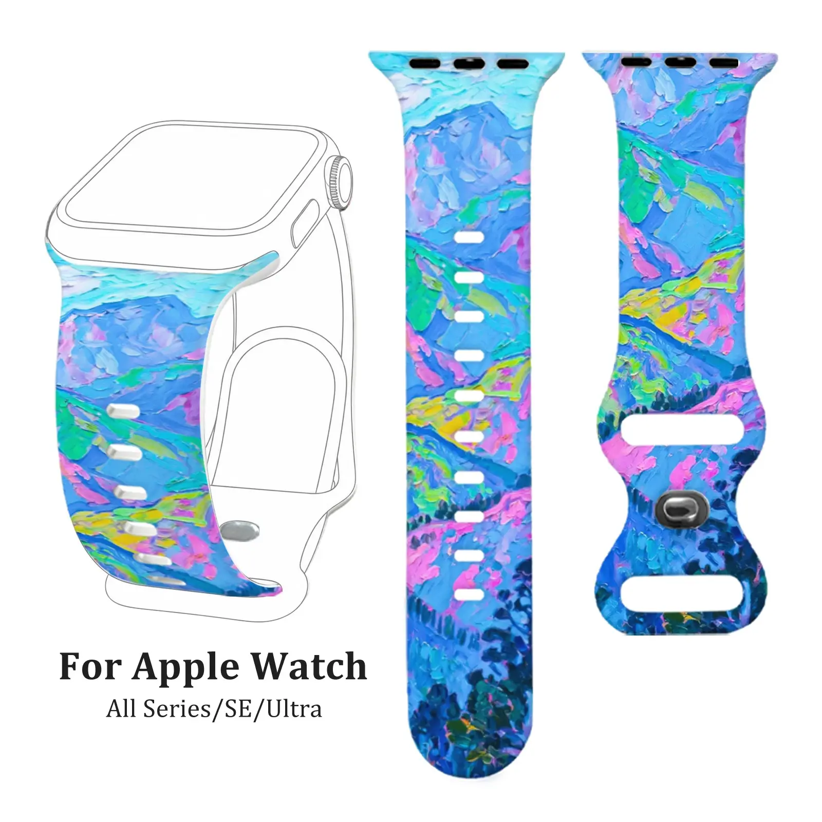 Blue Abstract Oil Painting Print Silicone Strap, Smartwatch Replacement Straps, Waterproof Sweatproof Soft Fit, For Apple Watch Series 4/5/6/7/8/9/10 SE1/2 Ultra1/2/3, Women Men Teens, Beach Vacation Office Travel, Father's Day Gift