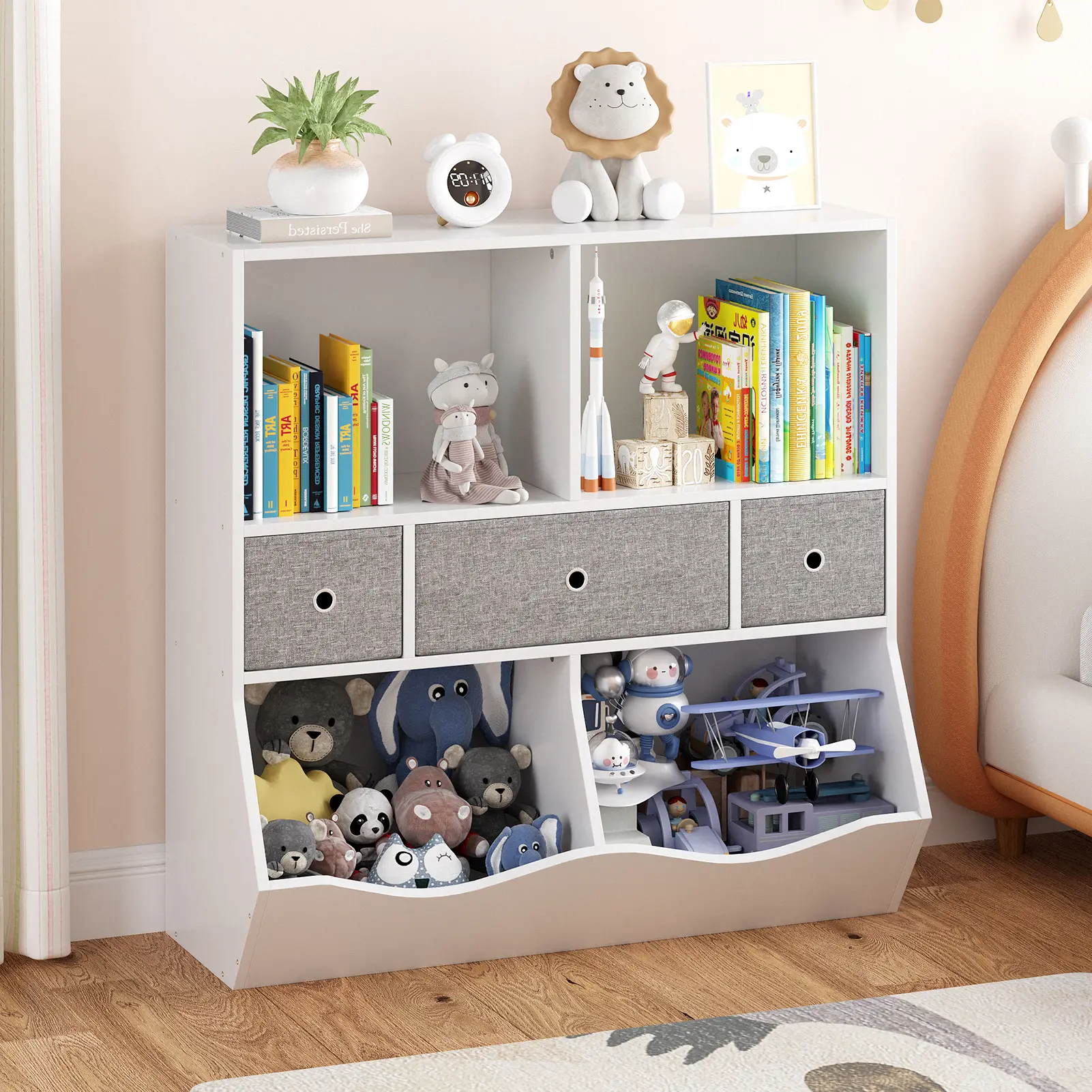 Kids Bookshelf and Bookcase Toy Storage Multi Shelf with Cubby Organizer Cabinet and Drawers for Boys Girls, for Children's Room, Playroom, Hallway, Kindergarten, School,White/Pink/Grey