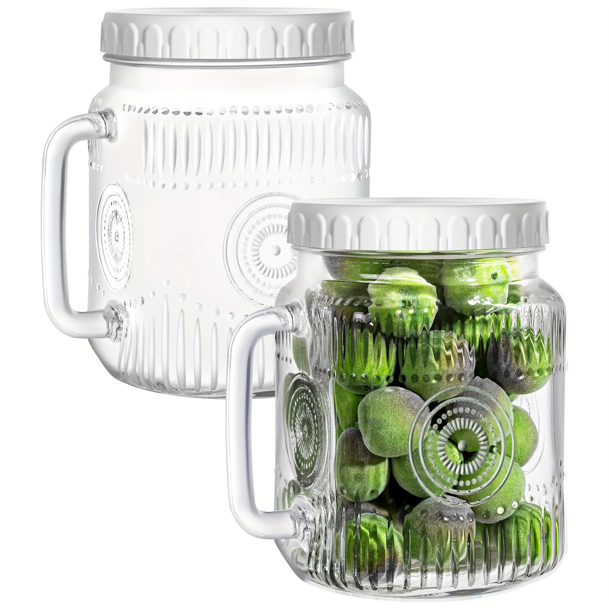 74 oz Wide Mouth Mason Jar w Handle, Airtight Storage Container, Easy-Grip Handle, Scale Marks, Easy Filling & Cleaning, 2 Pcs Jars for Sugar, Flour, Cookie, Pickle, Fruit, and Fridge Drink