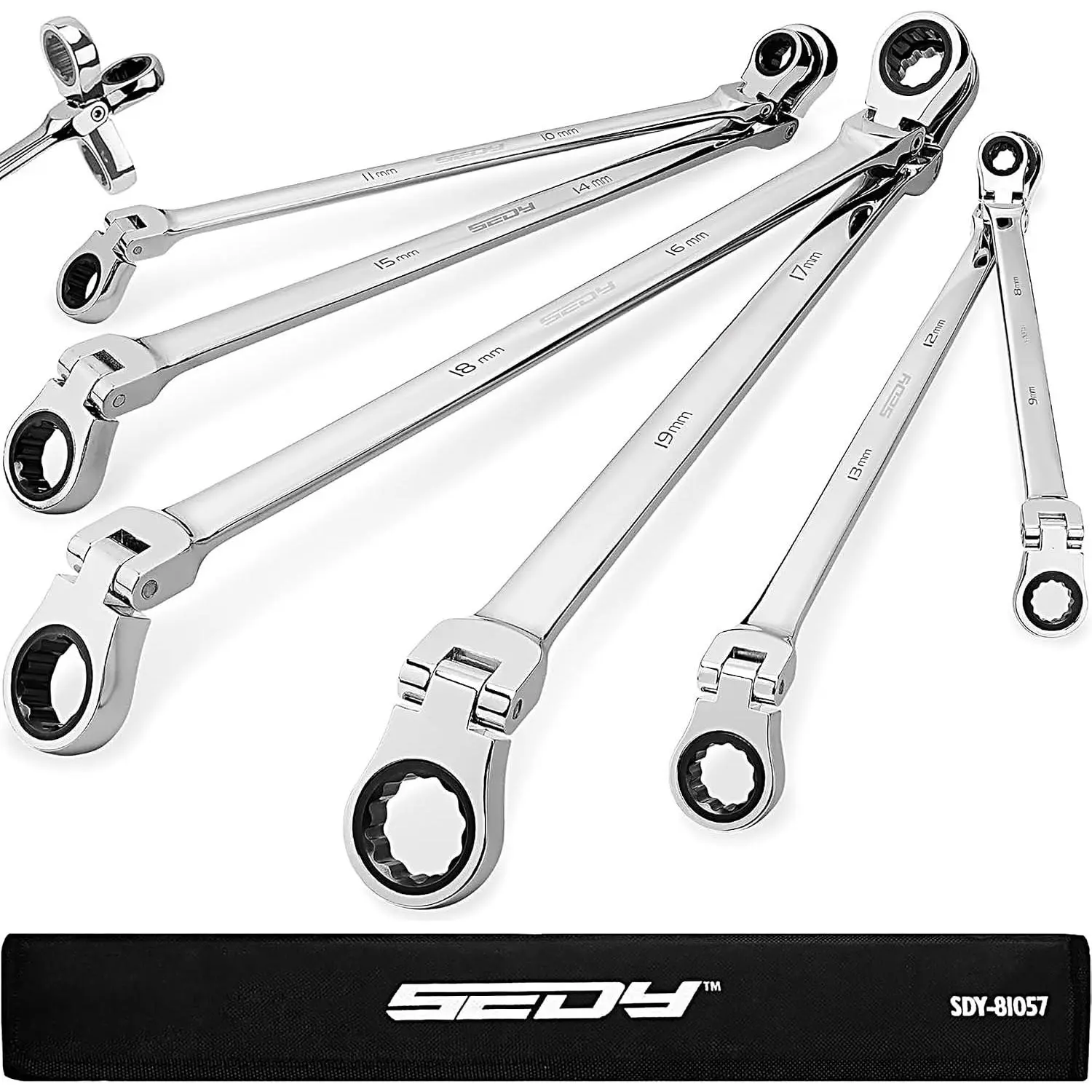 Extra Long Flex- Ratcheting Wrench Set, Anti-Slip 6- Double Box End Wrench Set, 72-, Metric 8-19mm, CR-V Steel Wrench with Rolling Pouch