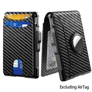 Mens Smart Wallet Compatible with AirTag Leather Carbon Fiber RFID Blocking Slim Minimalist Aluminum Pop-Up Card Holder Bifold Money Clip with ID Window Cash Slot 6-14 Card Capacity Compact Gift for Husband Dad Boyfriend