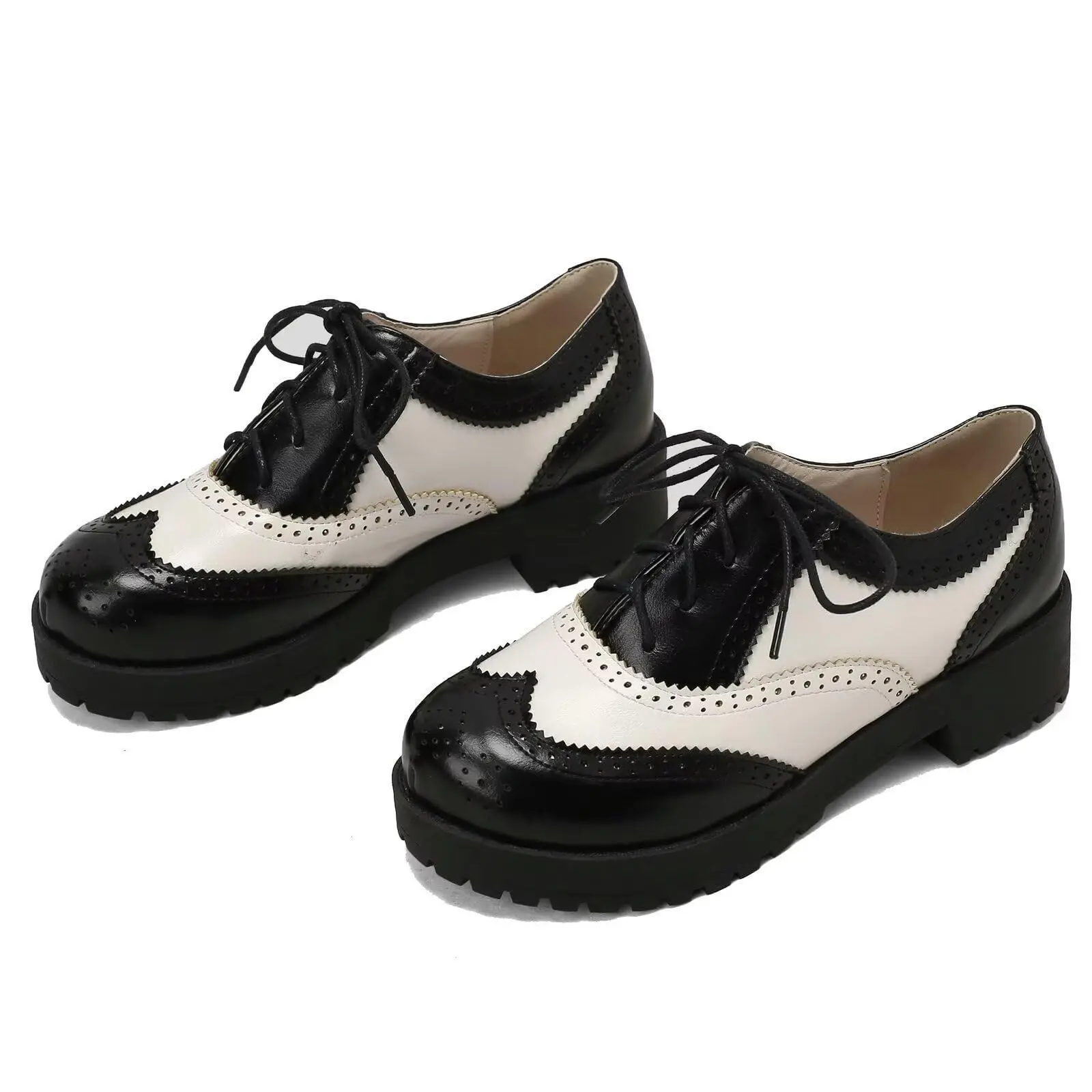 Women's Lace up Wingtip Oxford Shoes Chunky Heel Platform Vintage Round Toe Brogue Shoes